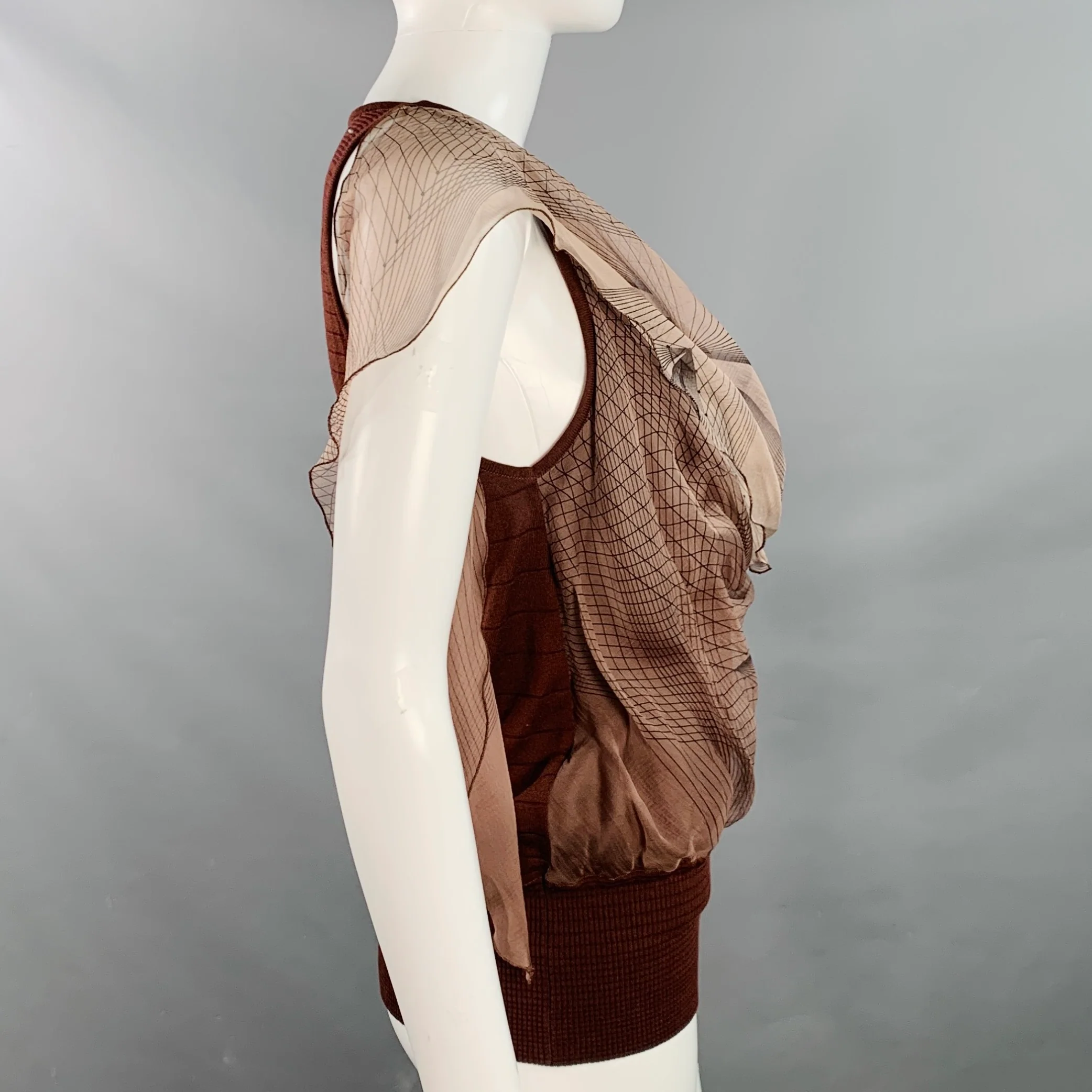 HERMES Size 6 Brown Orange Cotton Blend Mixed Fabrics Sleeveless Silk Scarf Dress Top - Image 3
