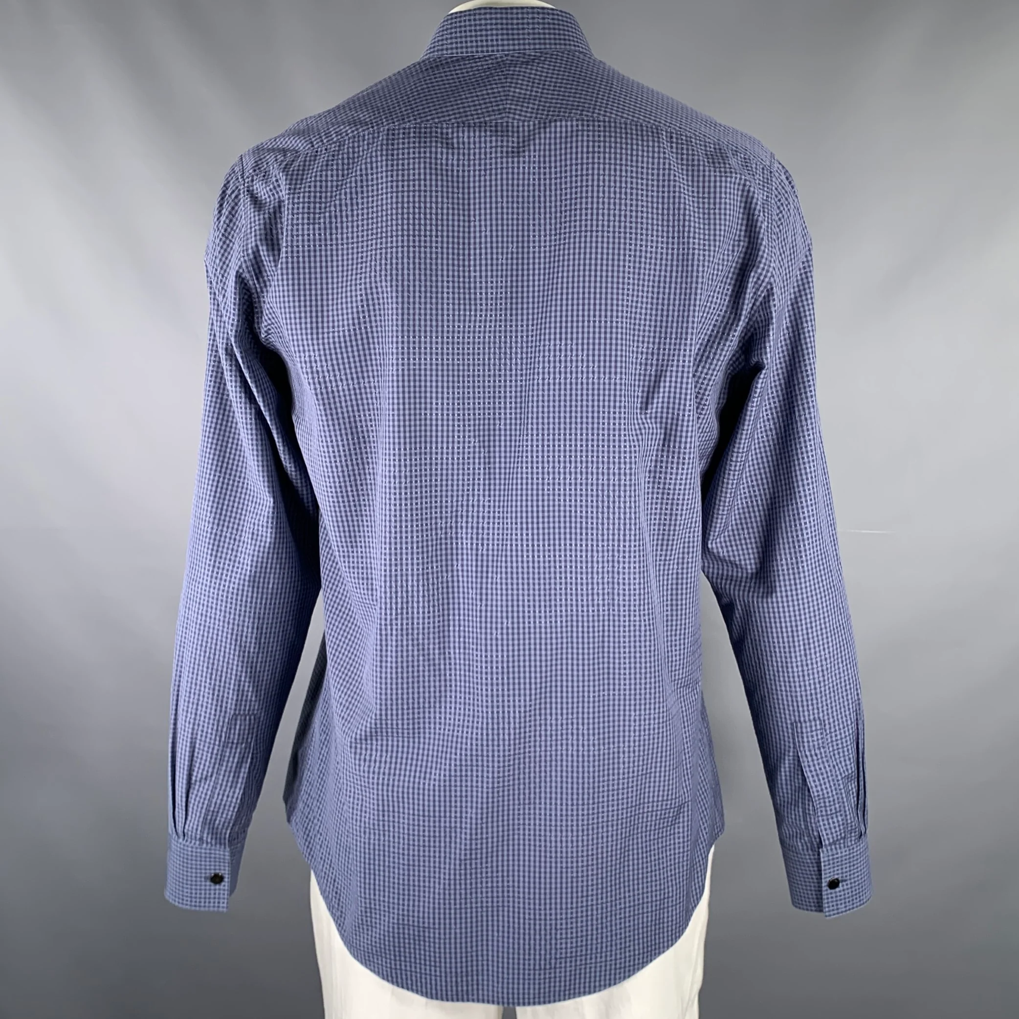 HERMES Size L Navy Blue Checkered Cotton Button Up Long Sleeve Shirt - Image 4