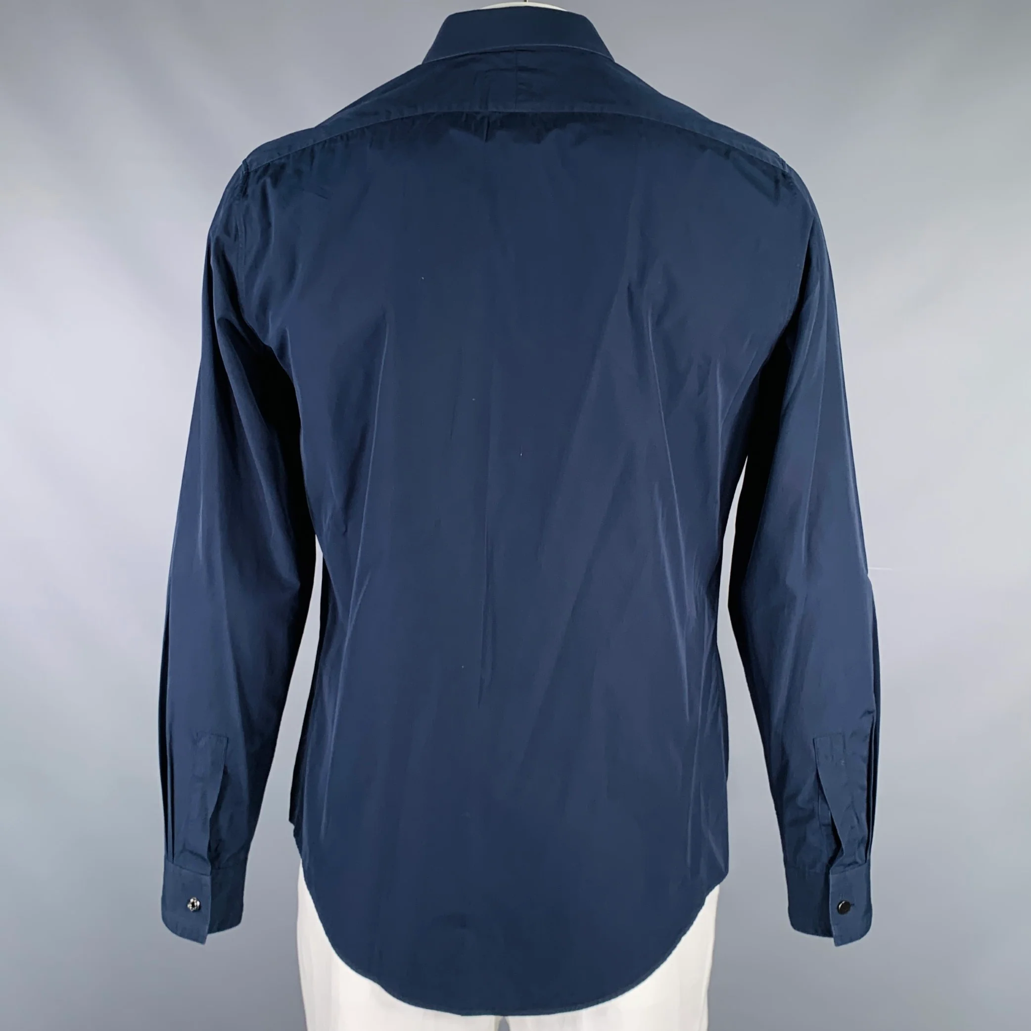 HERMES Size L Navy Cotton Button Up Long Sleeve Shirt - Image 4