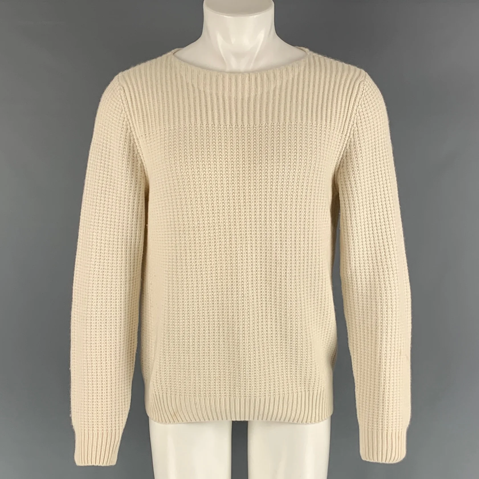 HERMES Size S Cream Knitted Cashmere Cotton Boat Neck Sweater