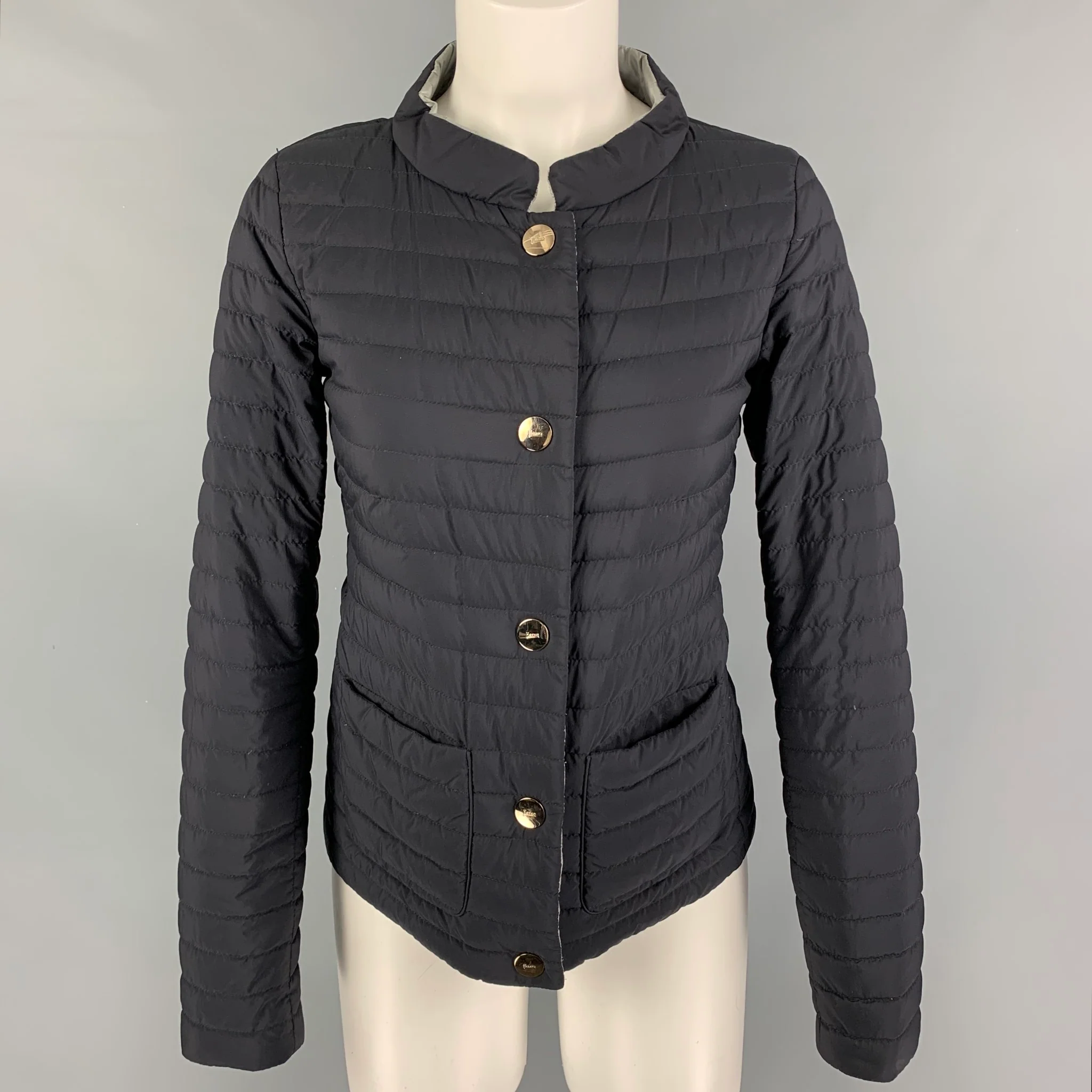 HERNO Size 6 Navy Silver Polyamide Blend Quilted Reversible Jacket