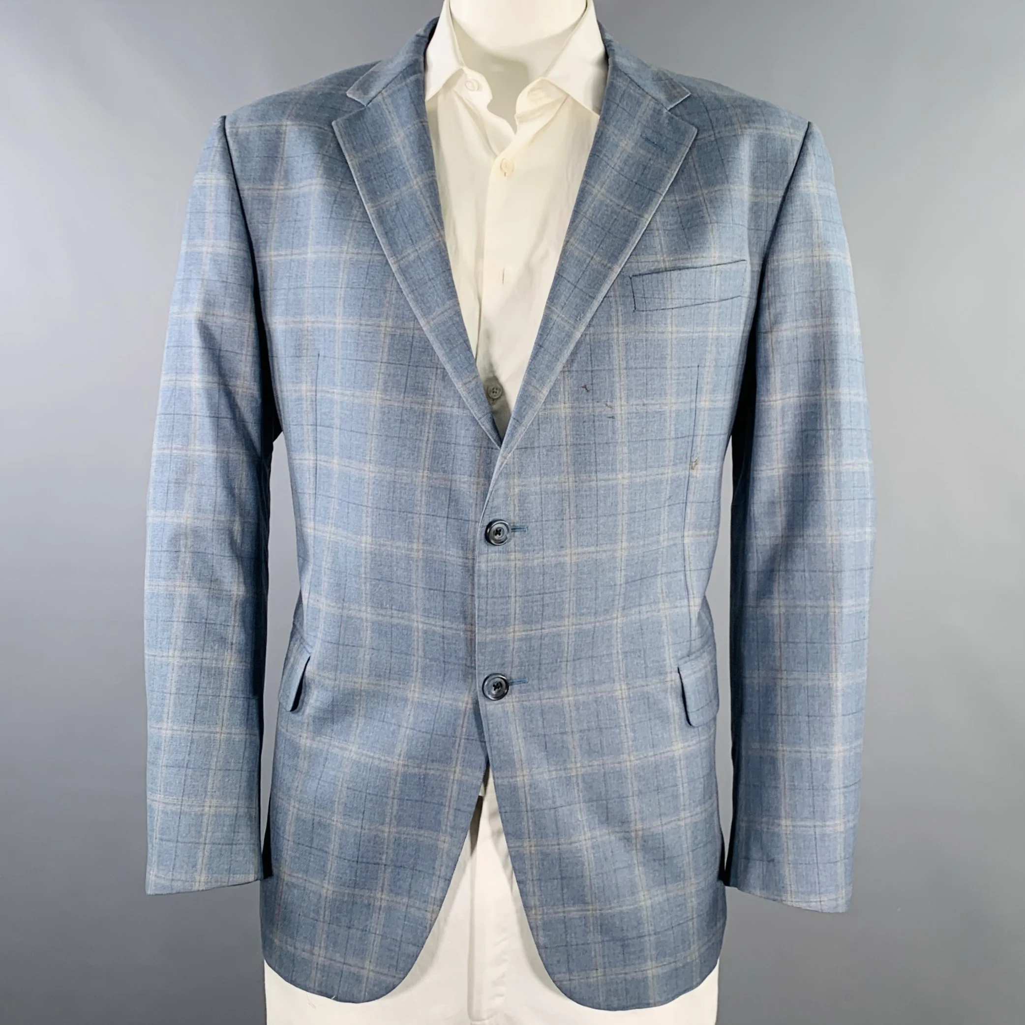 HICKEY FREEMAN Size 48 Regular Blue Grey Plaid Wool Sport Coat