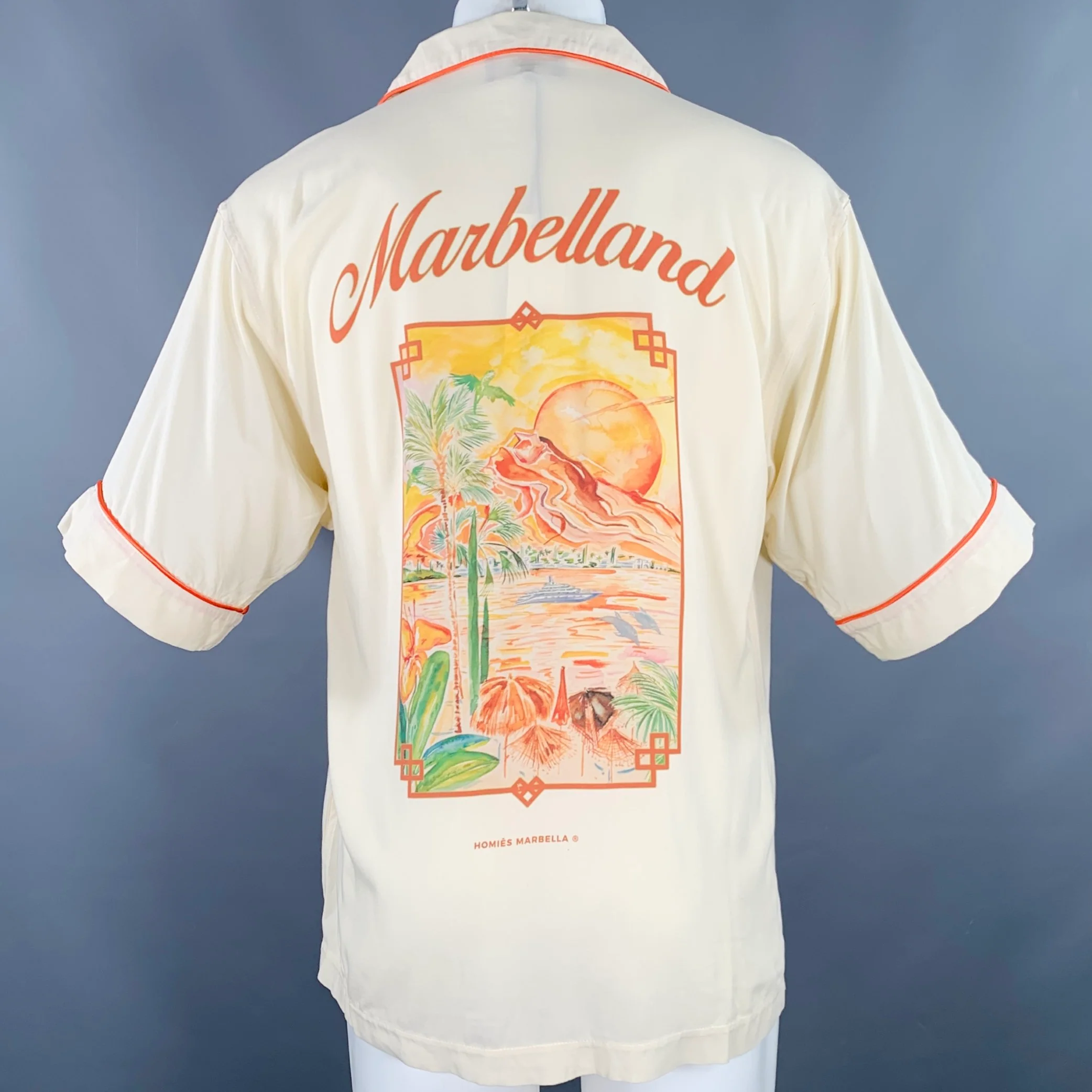 HOMIE'S MARBELLA Size M Marbelland Beige Orange Contrast Trim Viscose Short Sleeve Shirt - Image 4