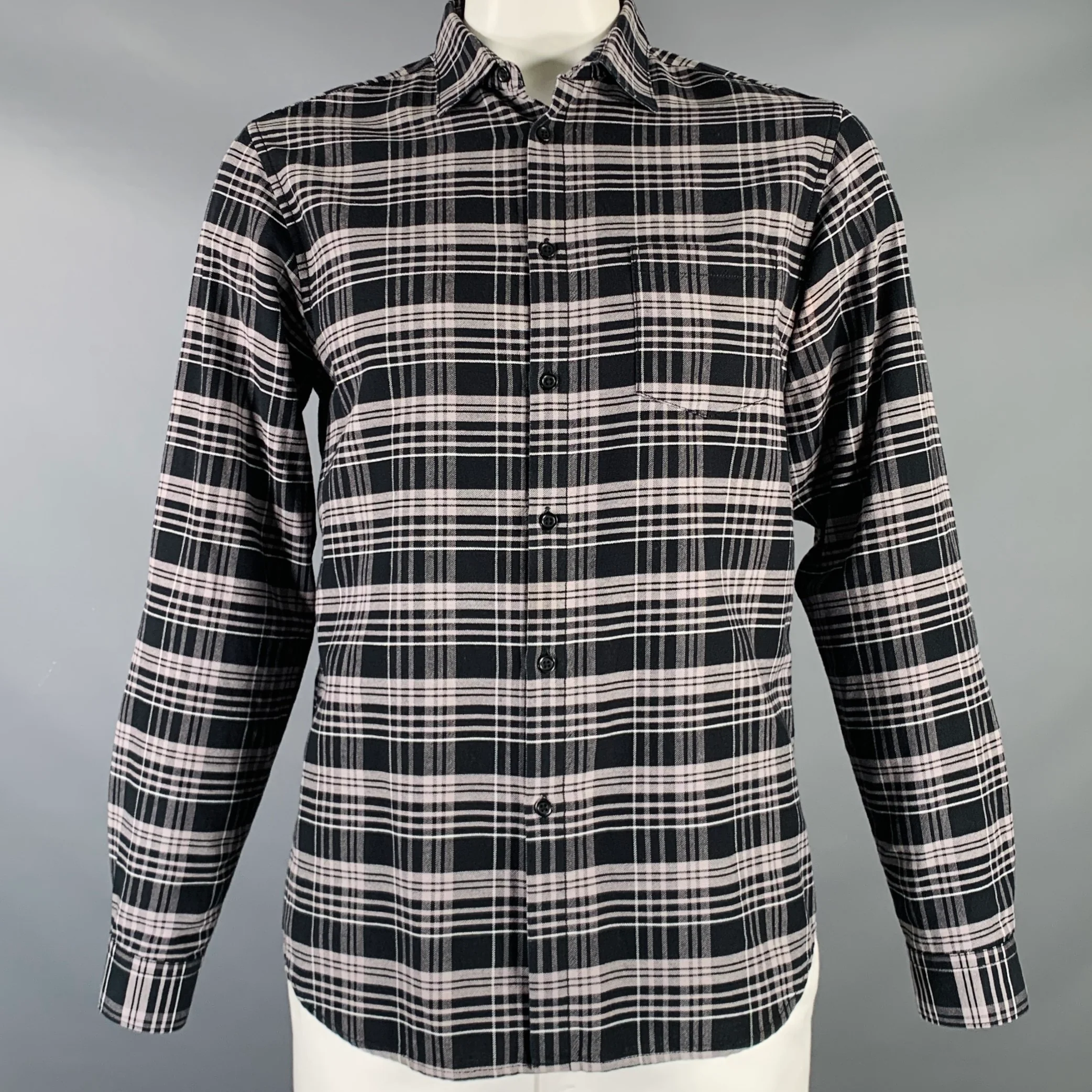 HOPE Size L Black Grey Plaid Cotton One Pocket Long Sleeve Shirt