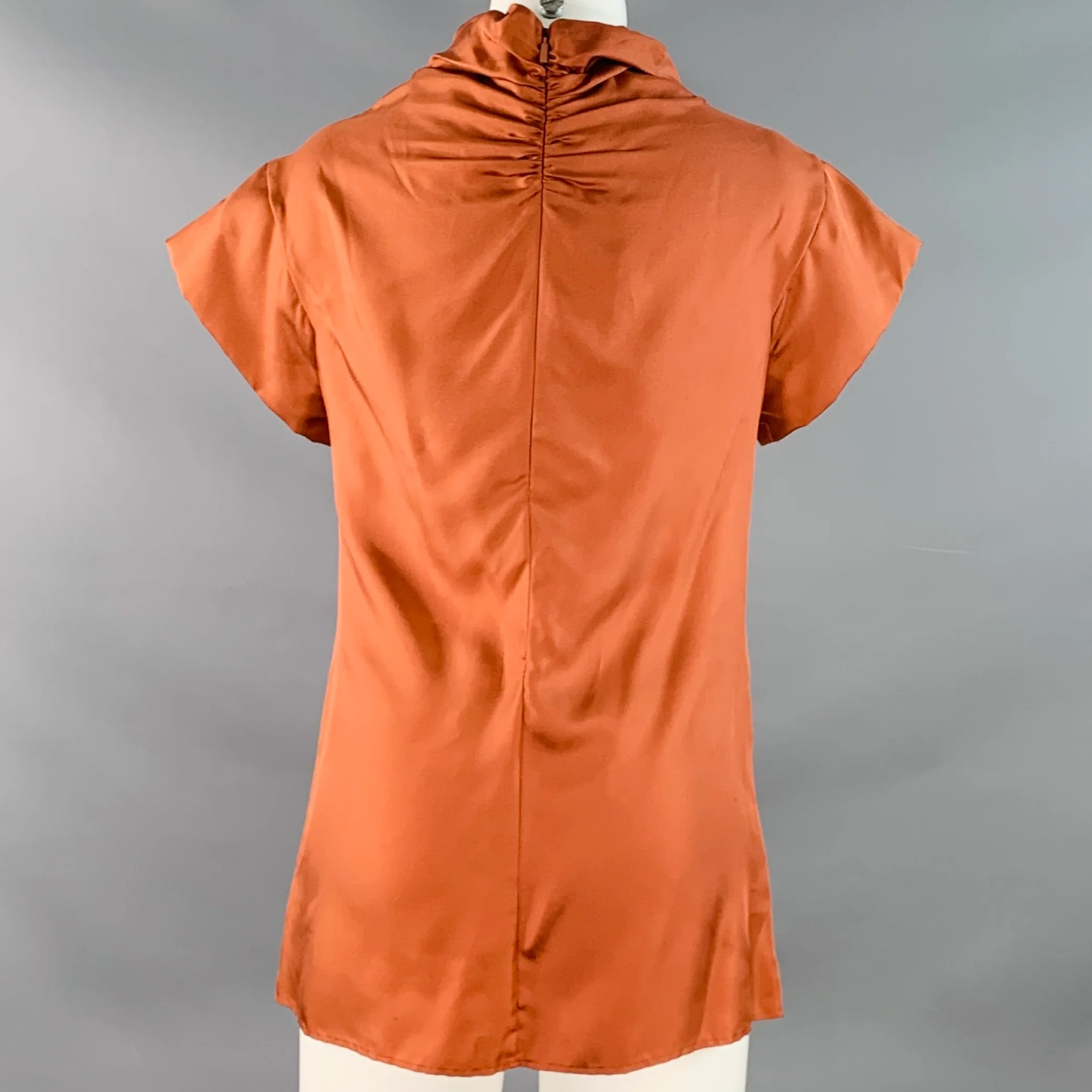 HUGO BOSS Size 4 Brown Copper Silk Ruffled Short Sleeve Blouse - Image 3