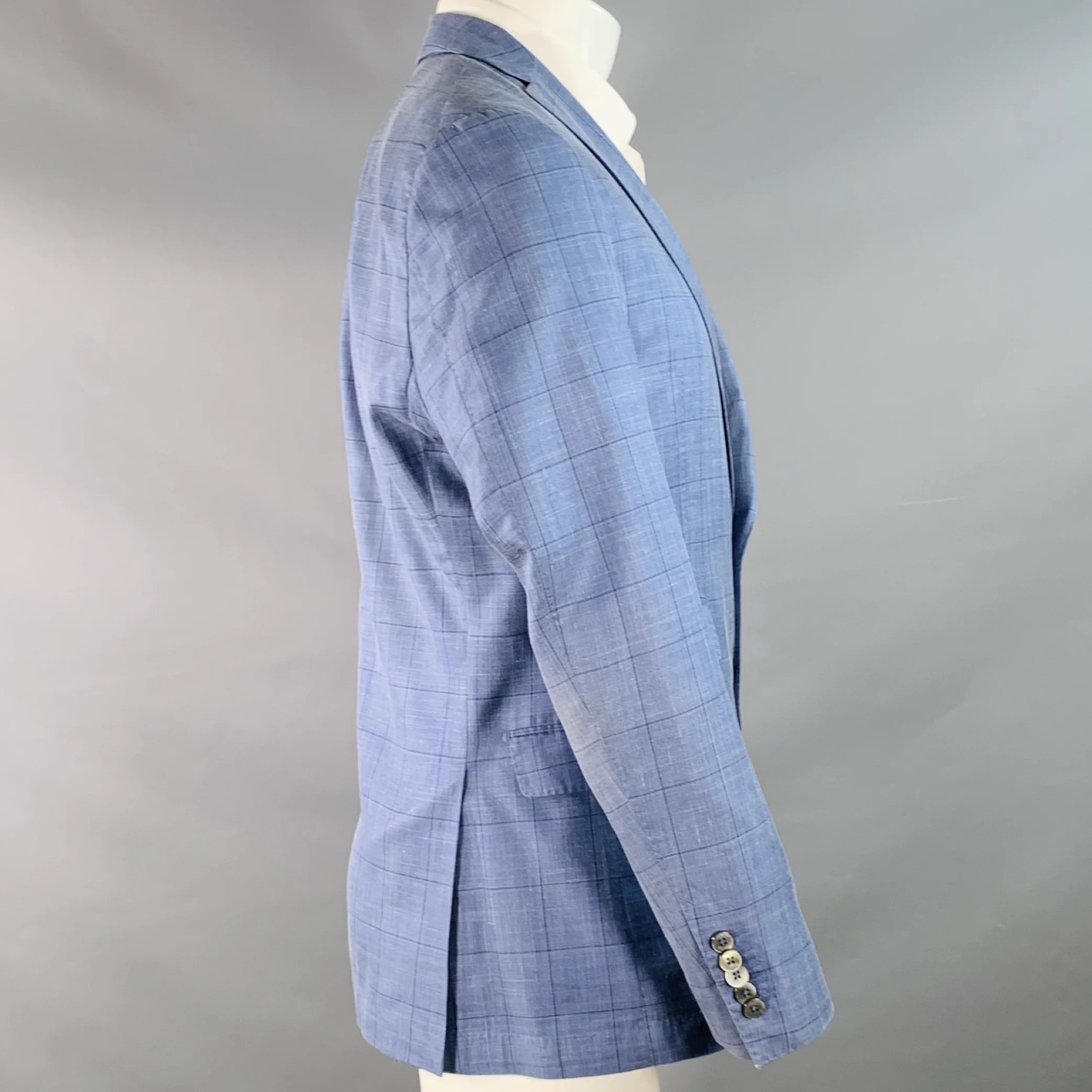 HUGO BOSS Size 40 Blue Black Window Pane Silk Linen Tailored Fit Sport Coat - Image 3