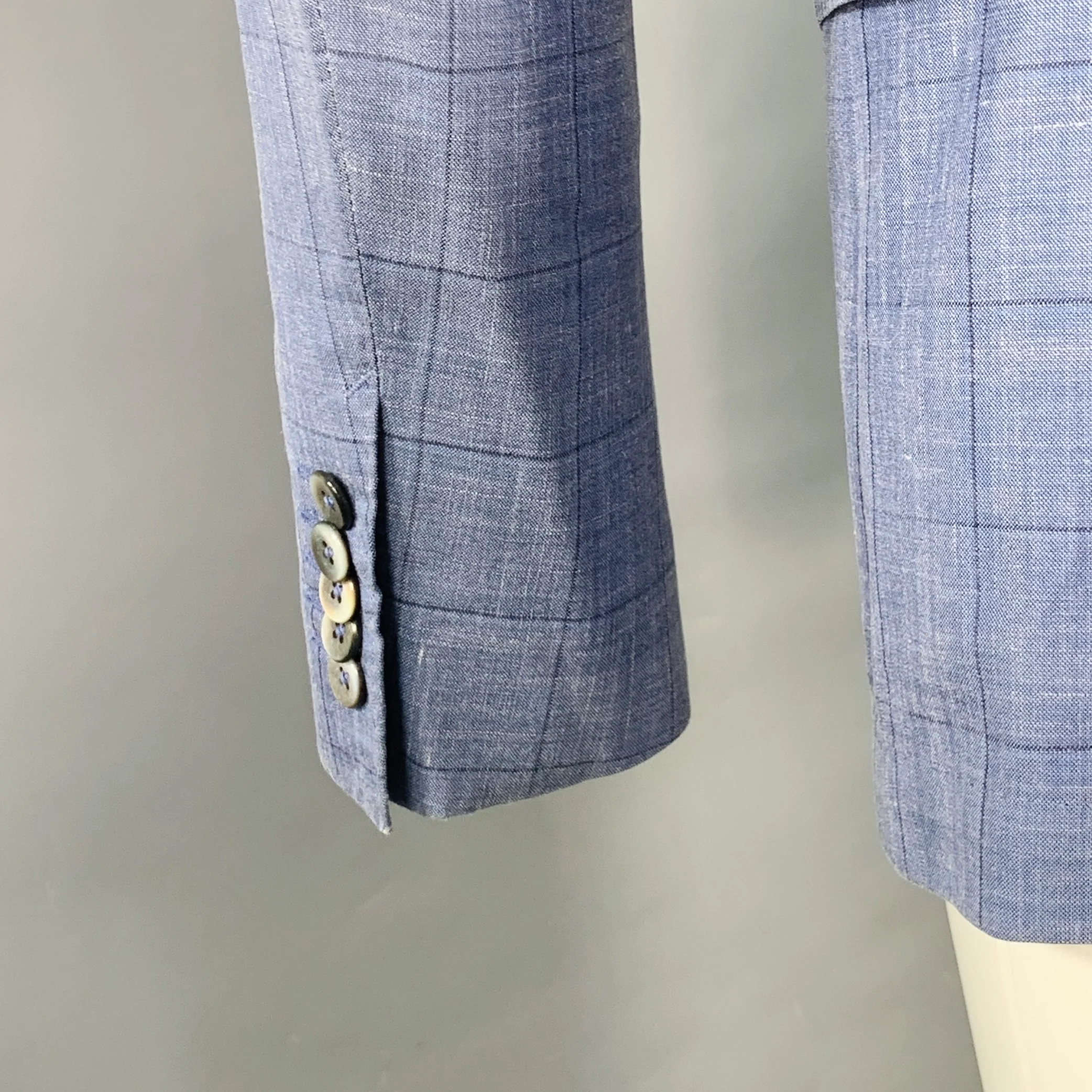 HUGO BOSS Size 40 Blue Black Window Pane Silk Linen Tailored Fit Sport Coat - Image 5