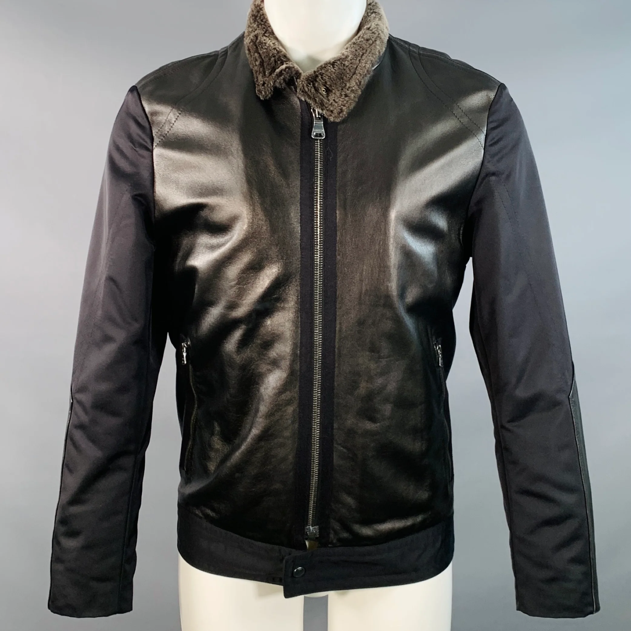 HUGO BOSS Size 40 Cliker Black Lambskin Leather Nylon Zip Up Jacket