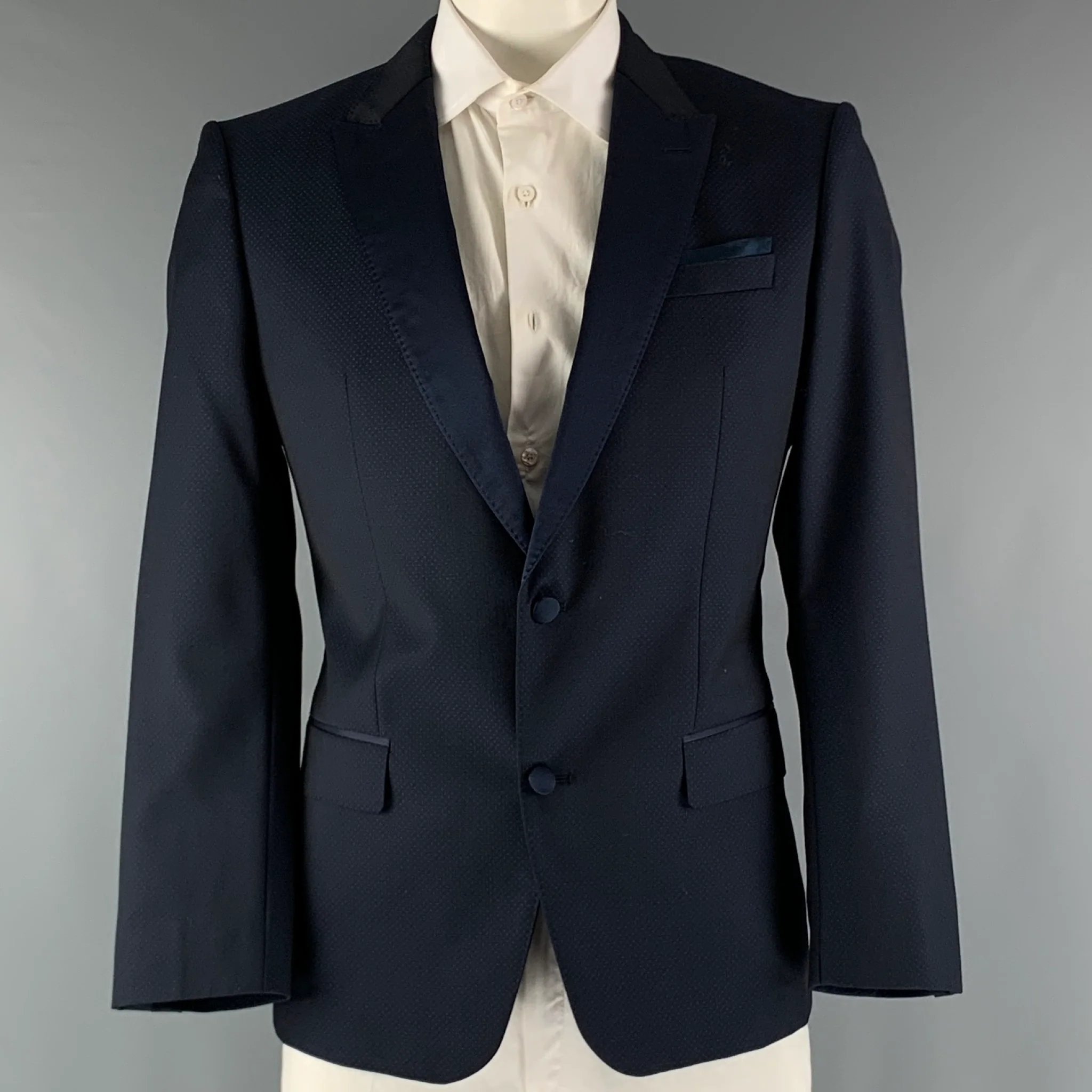 HUGO BOSS Size 42 Long Navy Jacquard Virgin Wool Tuxedo Sport Coat