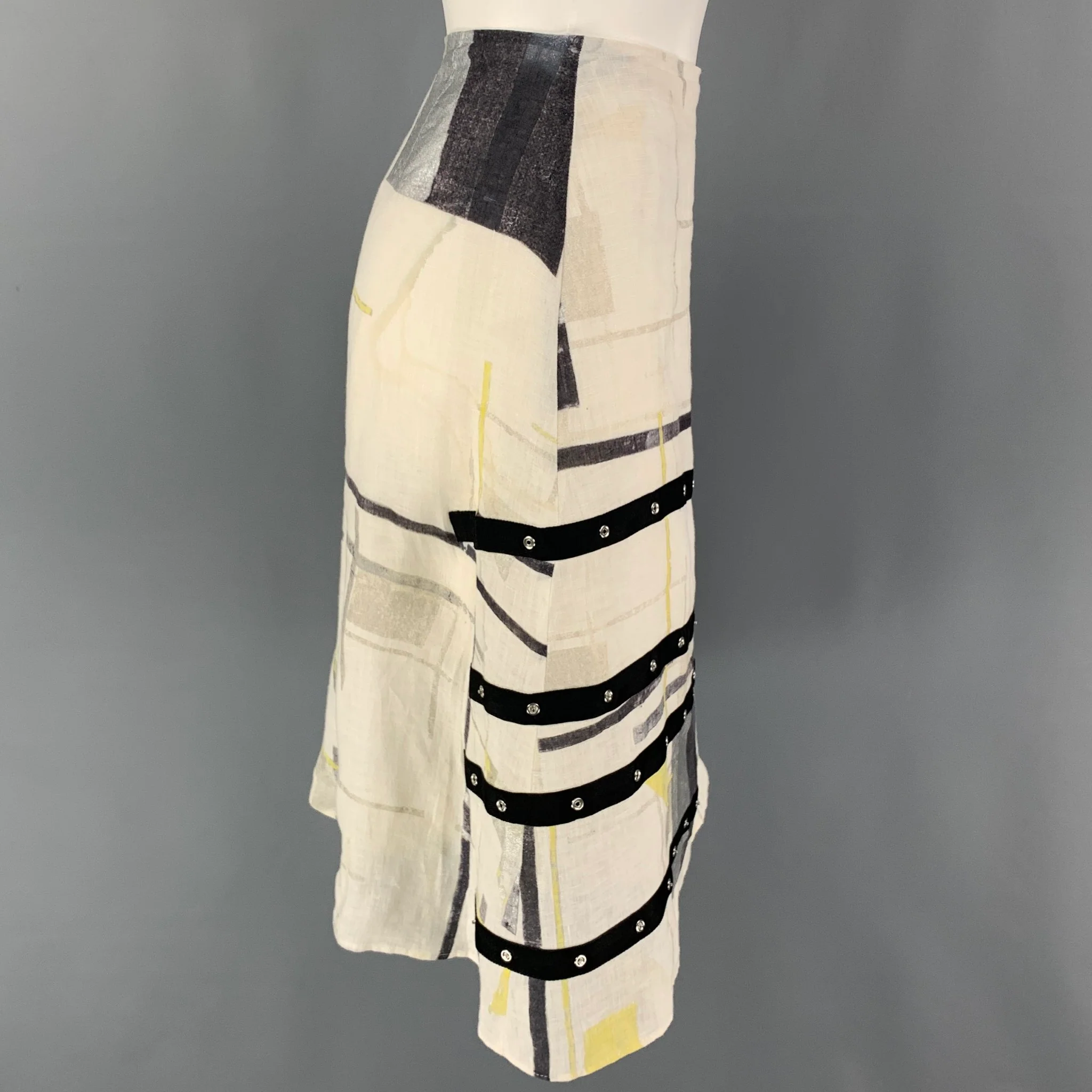 HUGO by HUGO BOSS Size 2 White Black Yellow Linen Ribbon A-Line Below Knee Skirt - Image 3