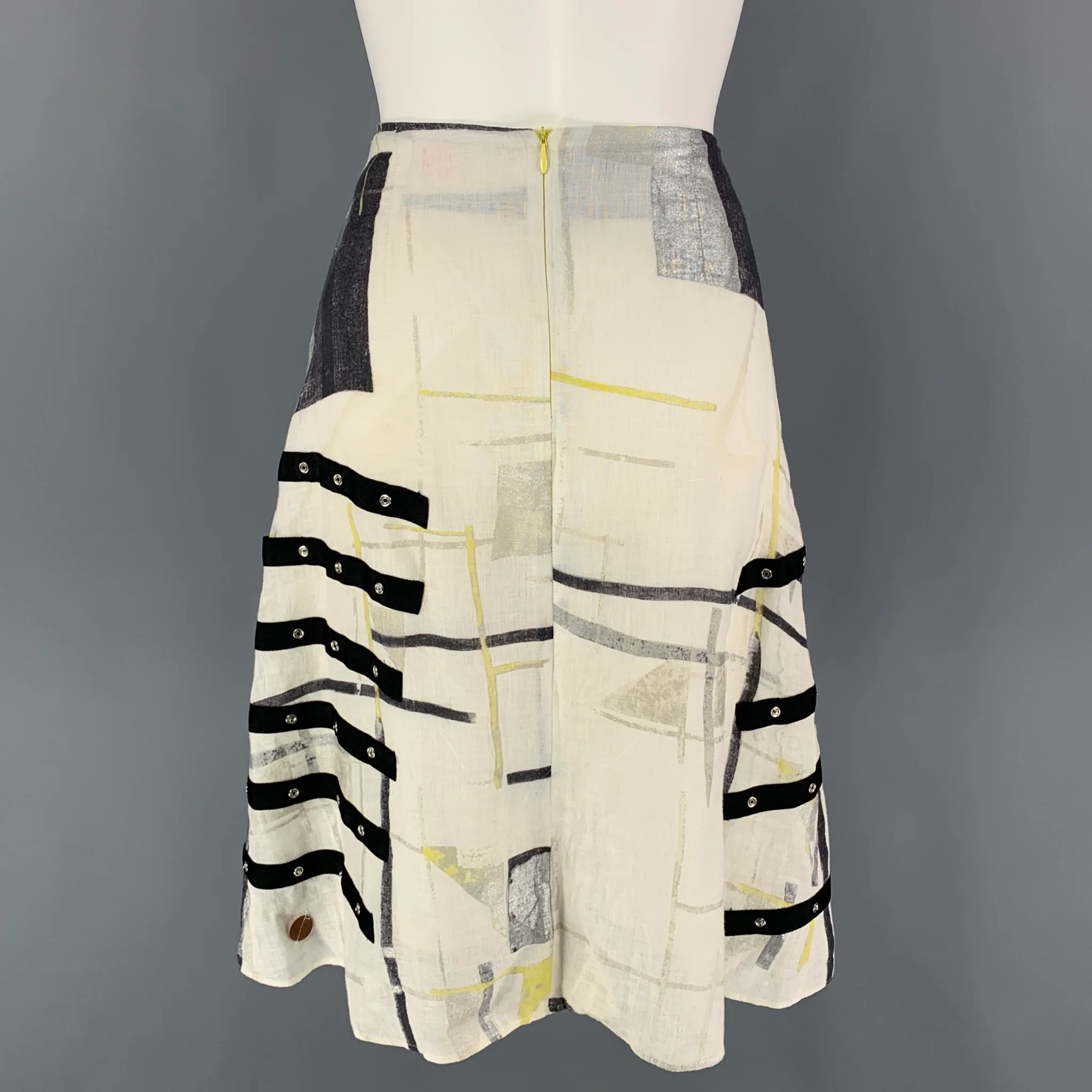 HUGO by HUGO BOSS Size 2 White Black Yellow Linen Ribbon A-Line Below Knee Skirt - Image 4