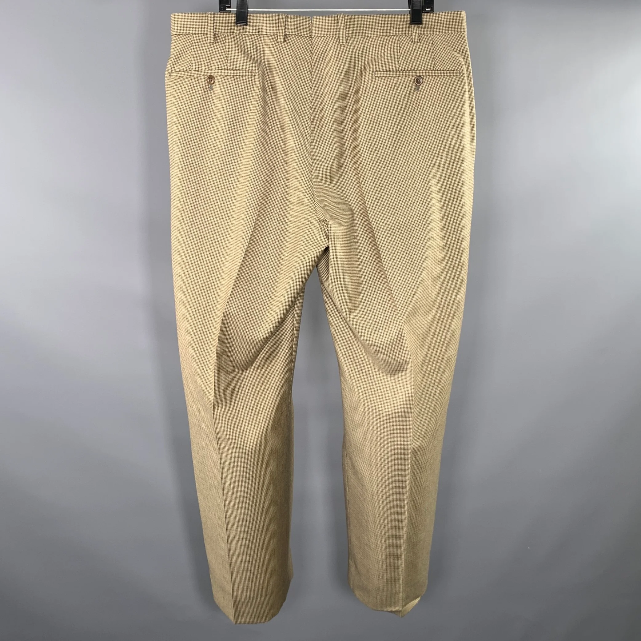 INCOTEX Size 38 Brown Khaki Houndstooth Wool Flat Front Dress Pants - Image 2