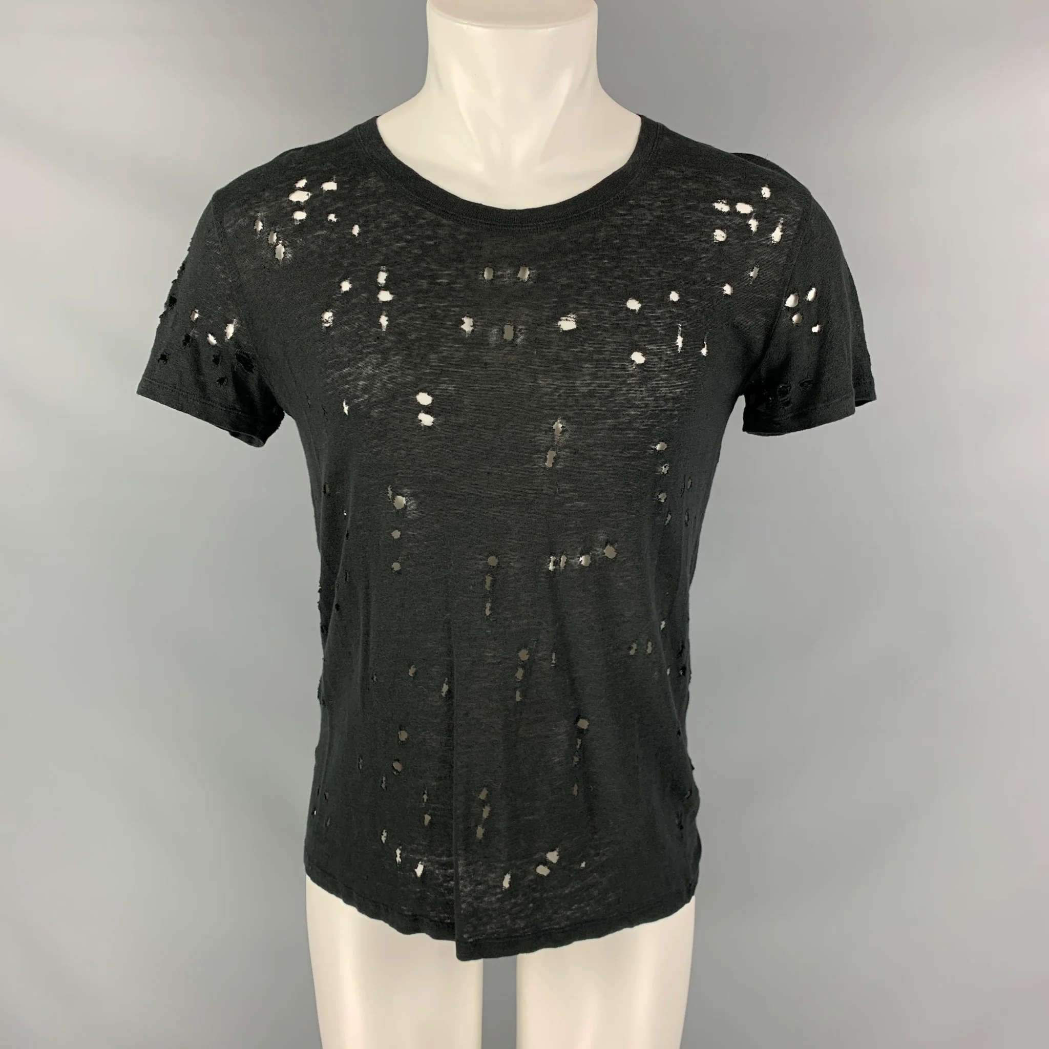 IRO CLAY Size XS Black Linen Distressed Crew-Neck T-shirt