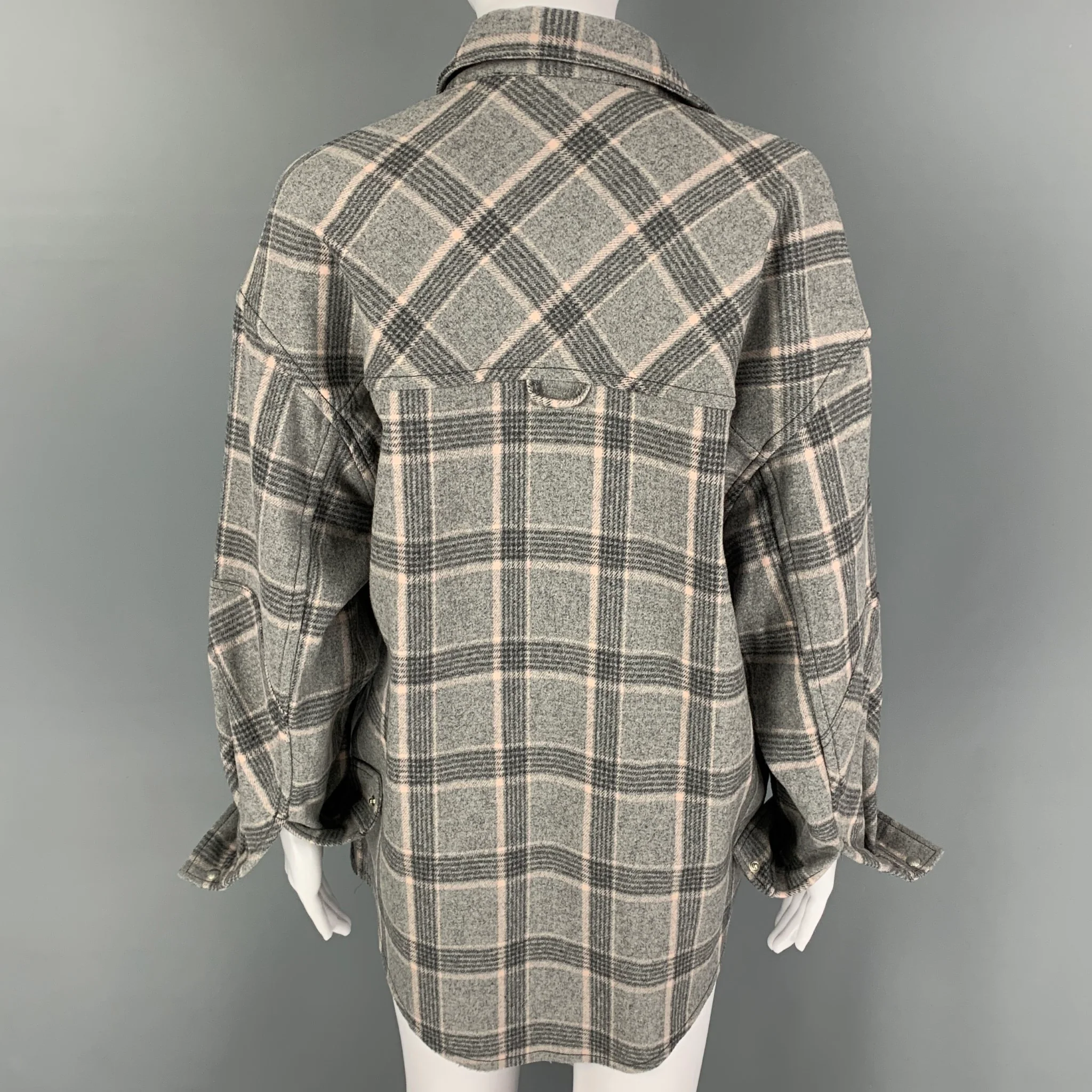 IRO Size 2 Grey Pink Wool Blend Plaid Oversized Shirt - Image 3