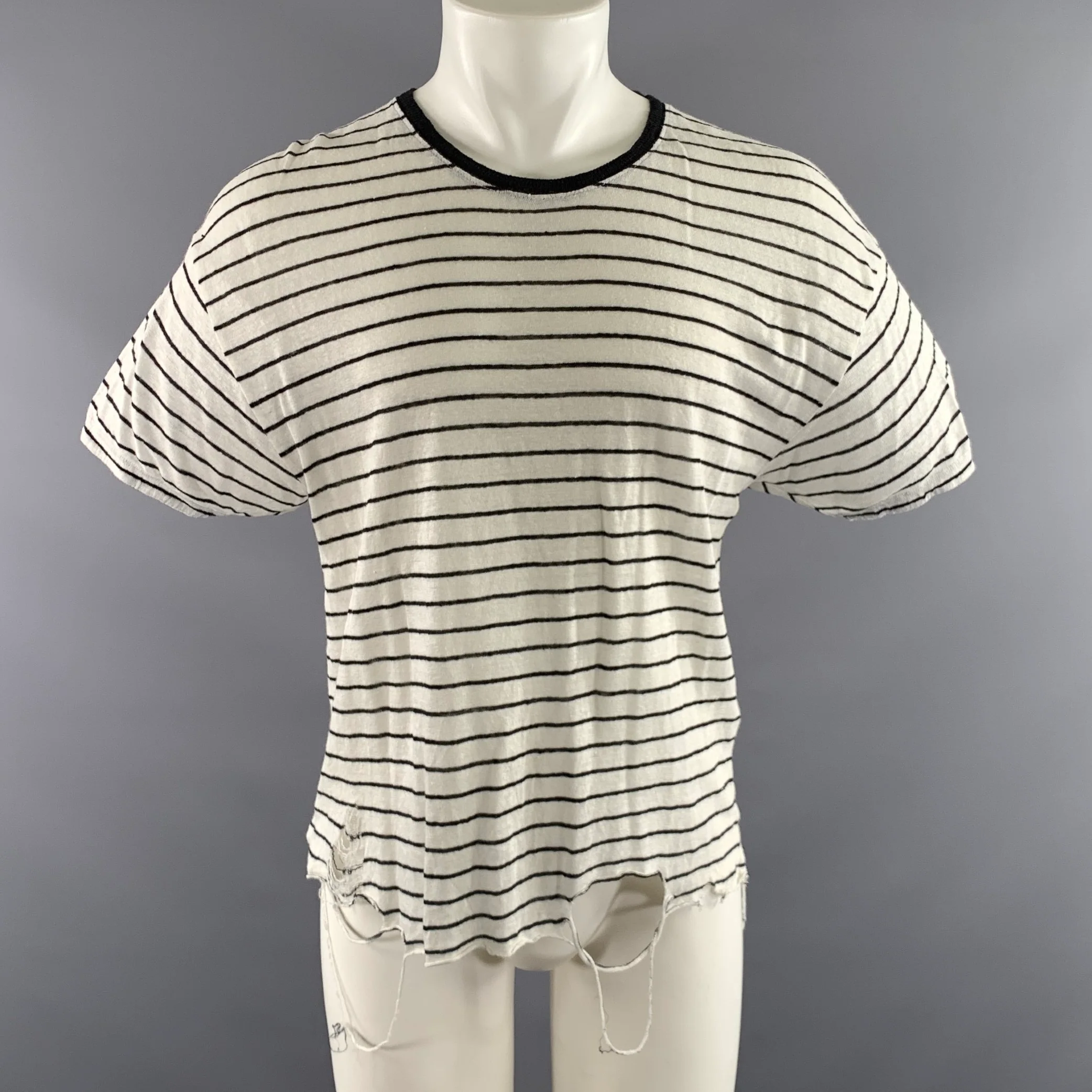 IRO Size S White Black Stripe Linen Scoop Neck T shirt