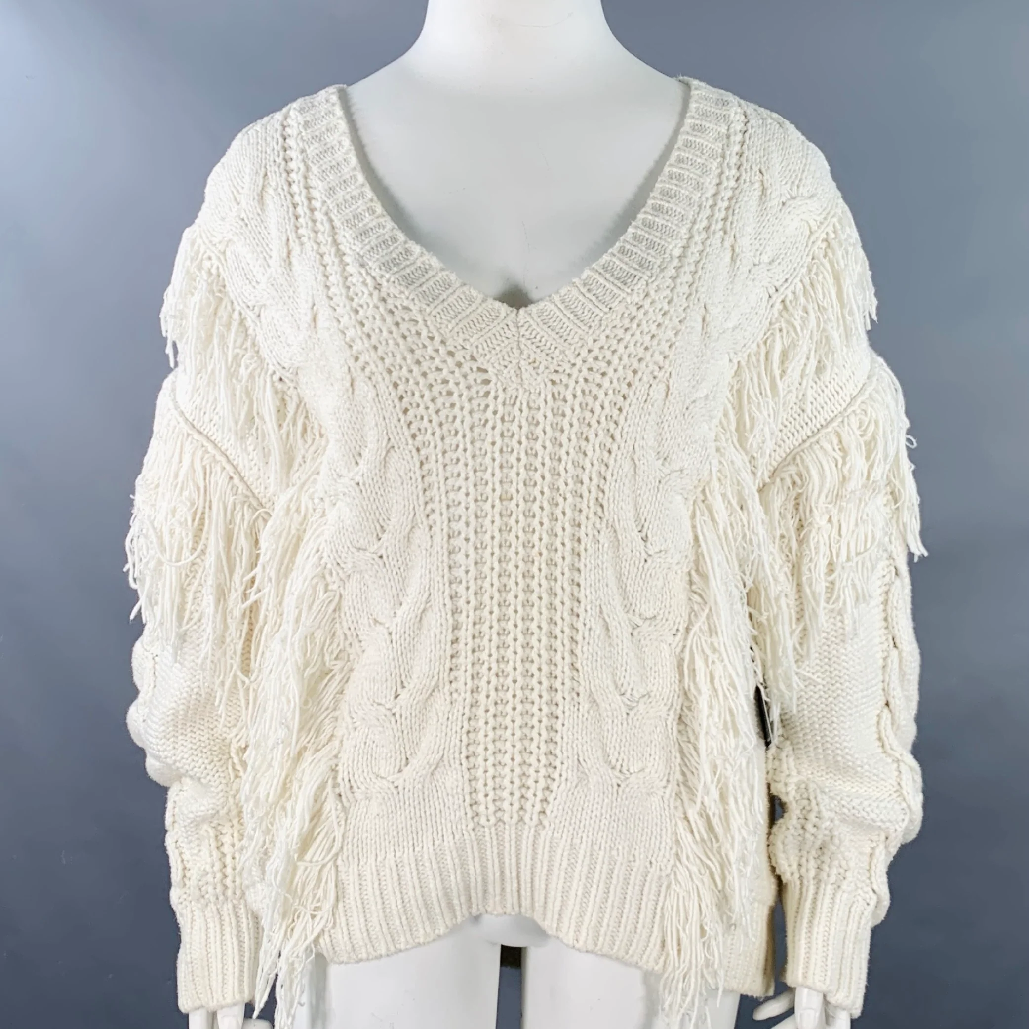 IRO Size XL Cream Cotton Blend Cable Knit Fringe Oversized V-Neck Sweater