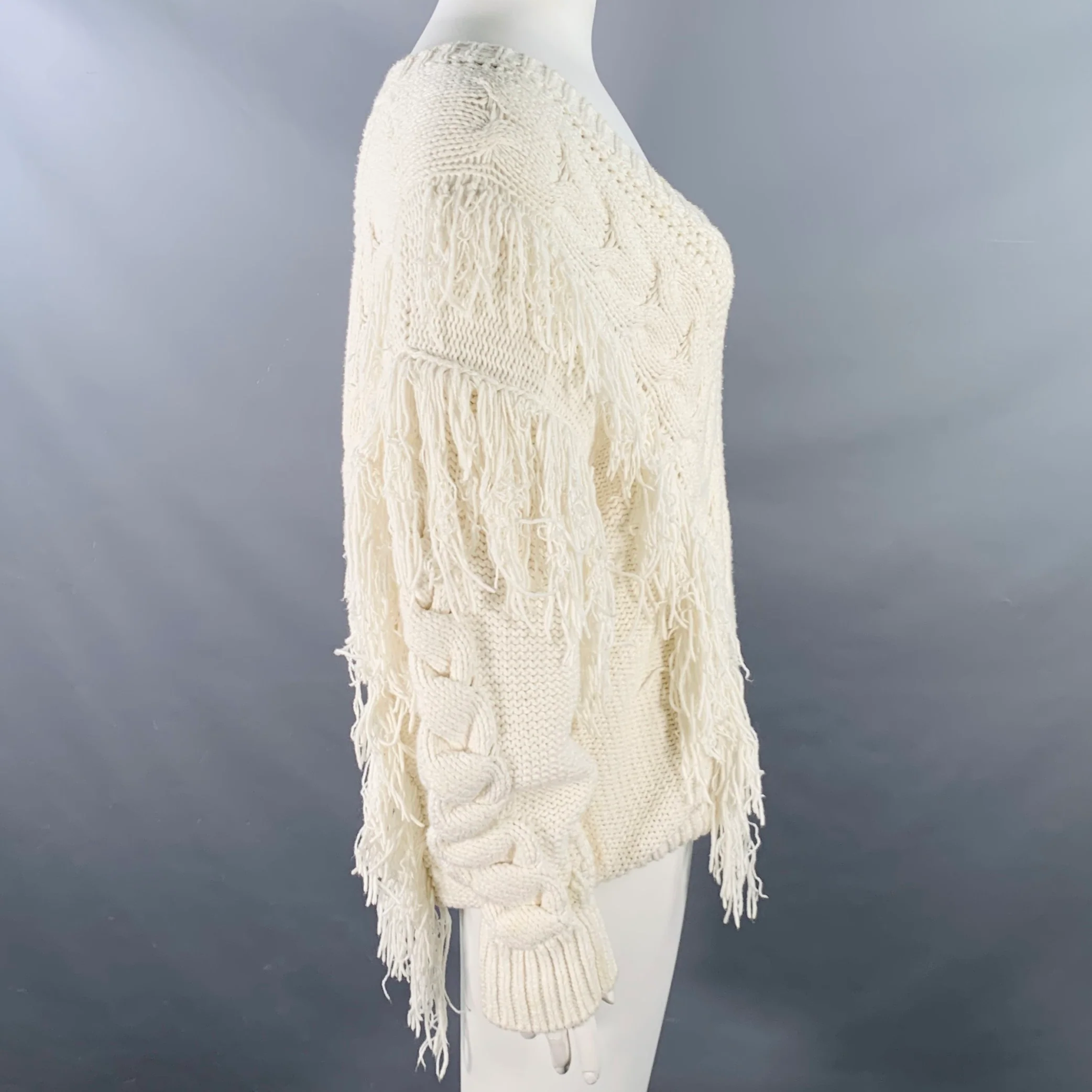 IRO Size XL Cream Cotton Blend Cable Knit Fringe Oversized V-Neck Sweater - Image 2