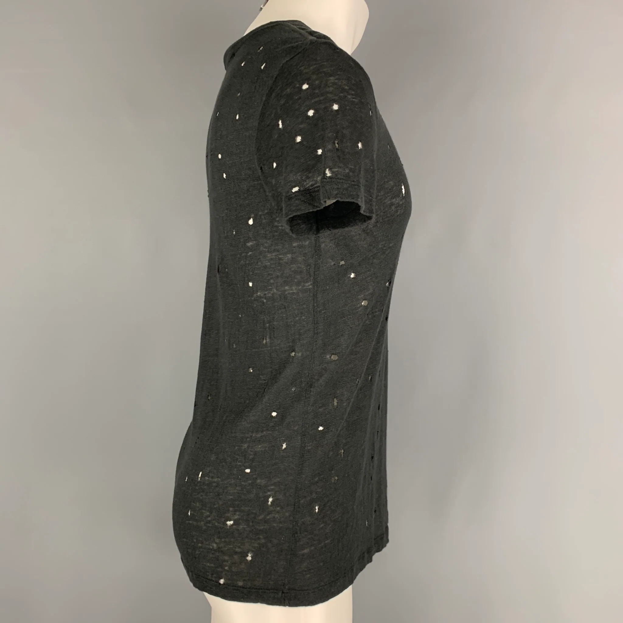 IRO Size XS Black Distressed Linen Crew-Neck T-shirt - Image 2