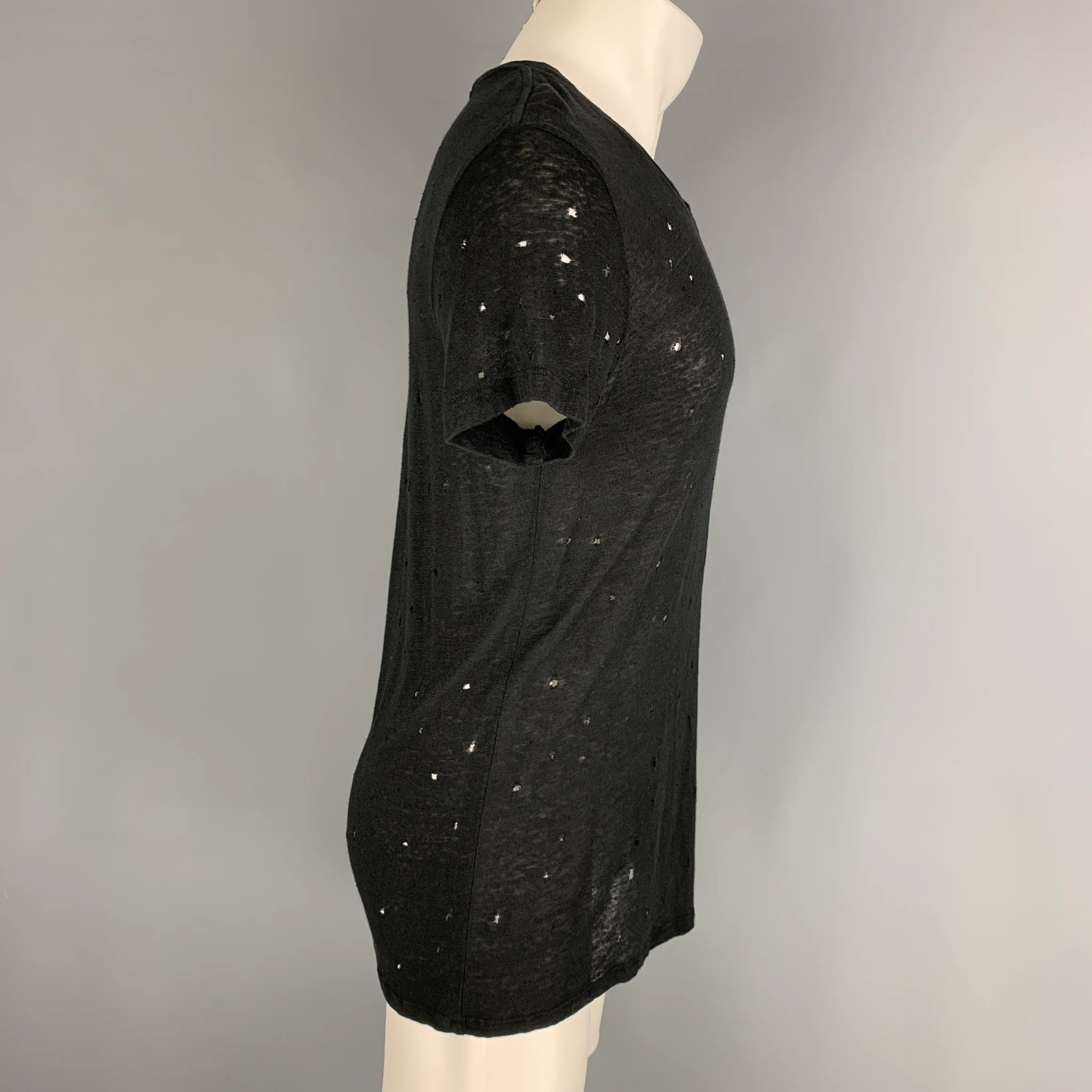 IRO Size XS Black Distressed Linen Crew-Neck T-shirt - Image 2