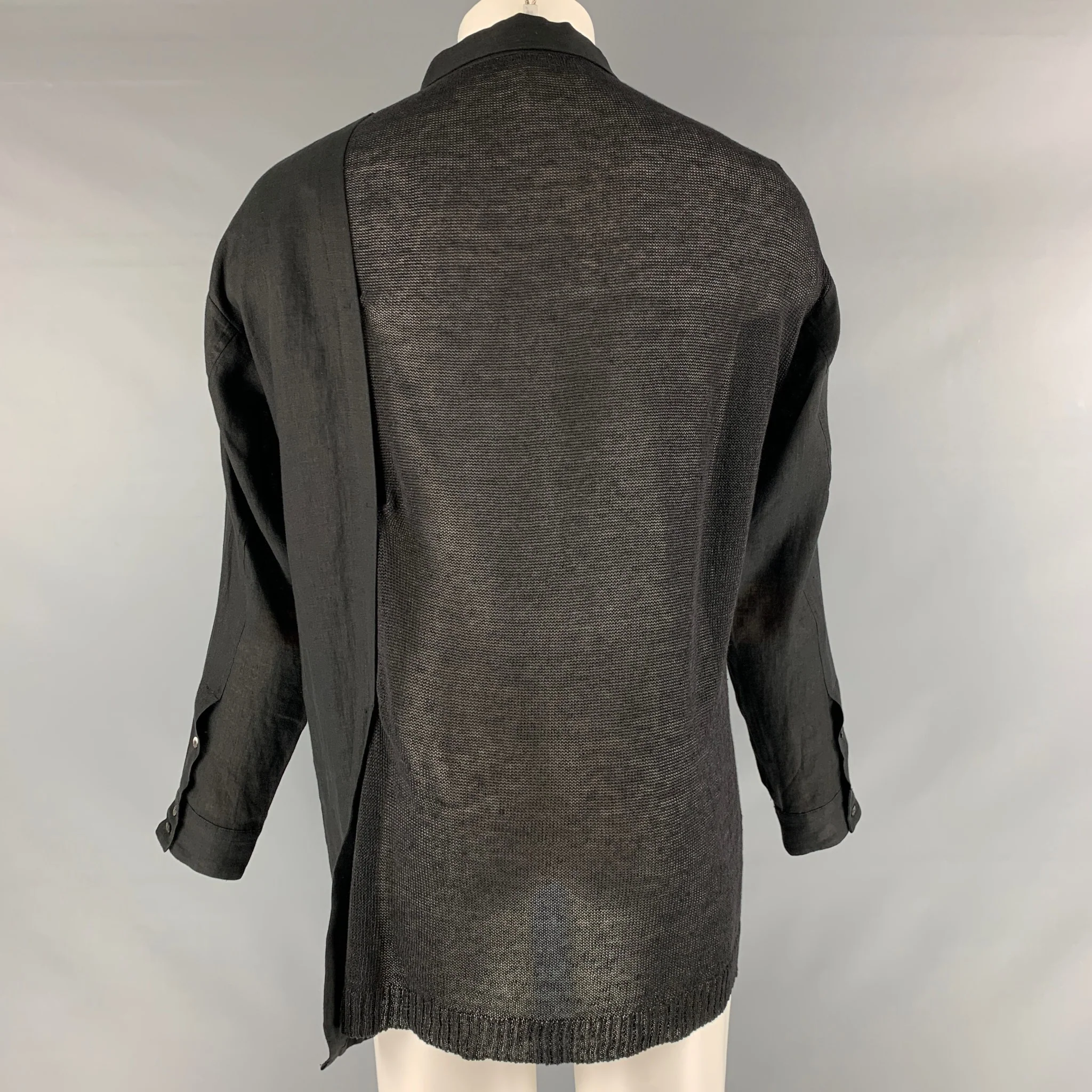ISABEL BENENATO Size S Black Mixed Fabrics Linen Button Up Long Sleeve Shirt - Image 3