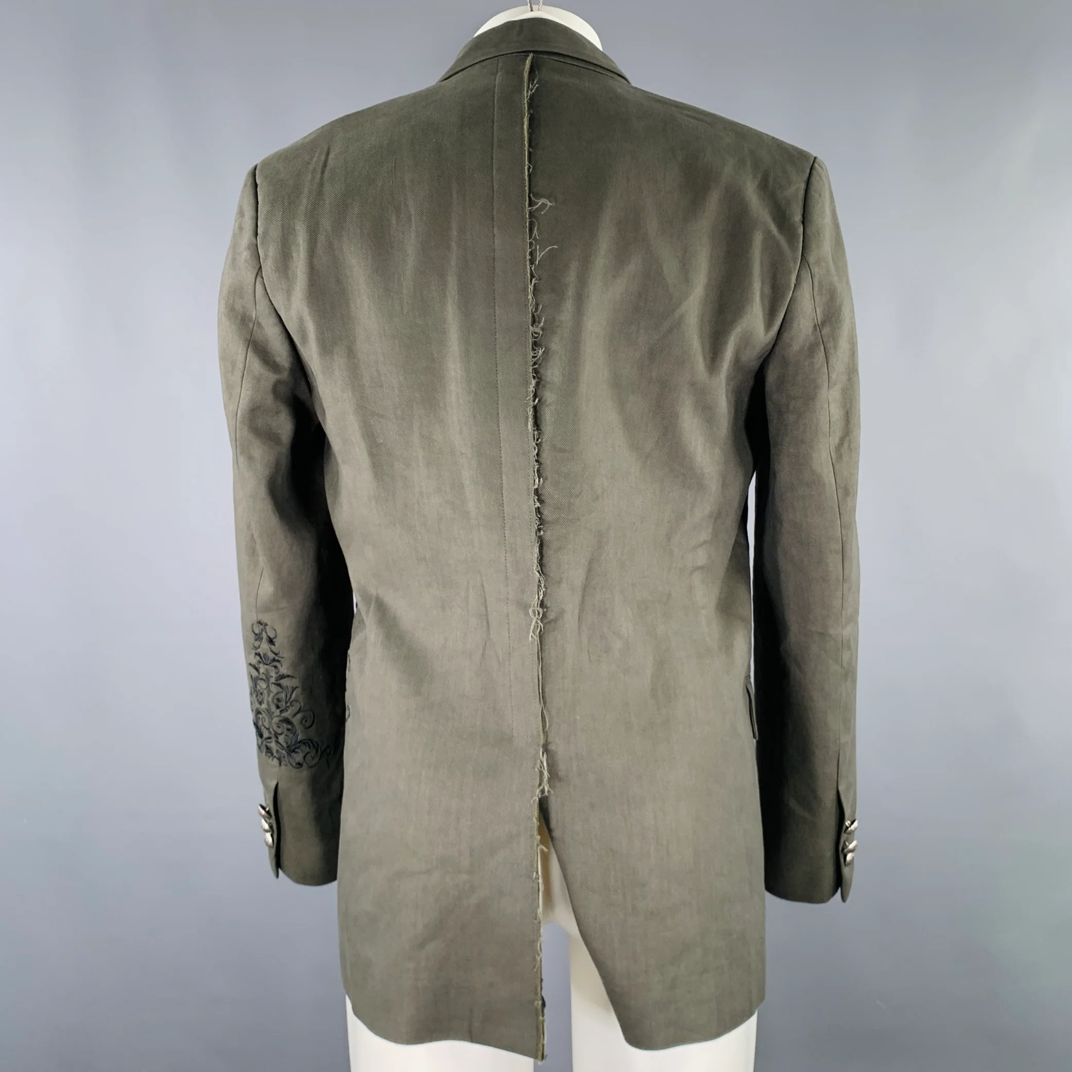ISABEL BENENATO SS20 Size 40 Green Black Embroidery Linen Cotton Sport Coat - Image 5