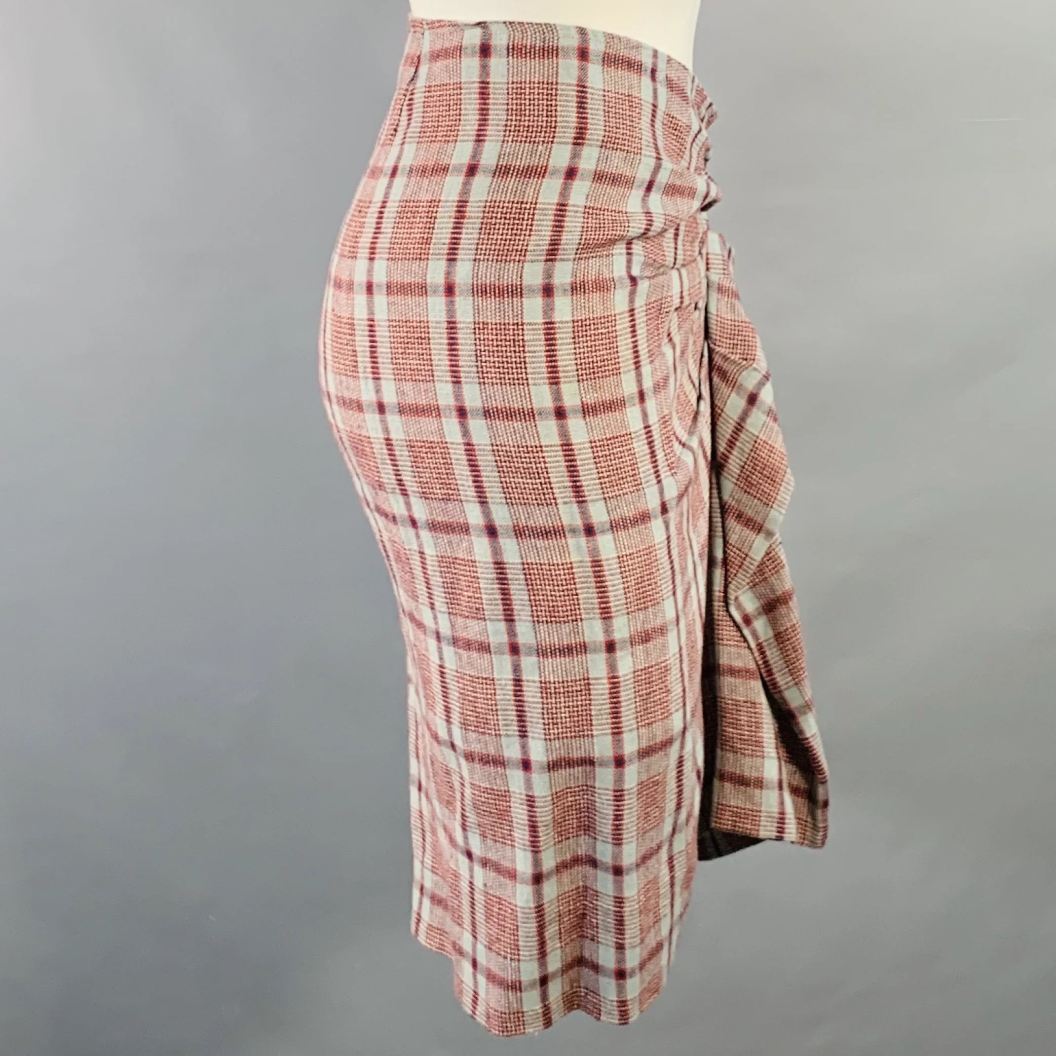 ISABEL MARANT ETOILE Size S Grey Navy Red Linen Plaid Ruched Knee Length Skirt - Image 3