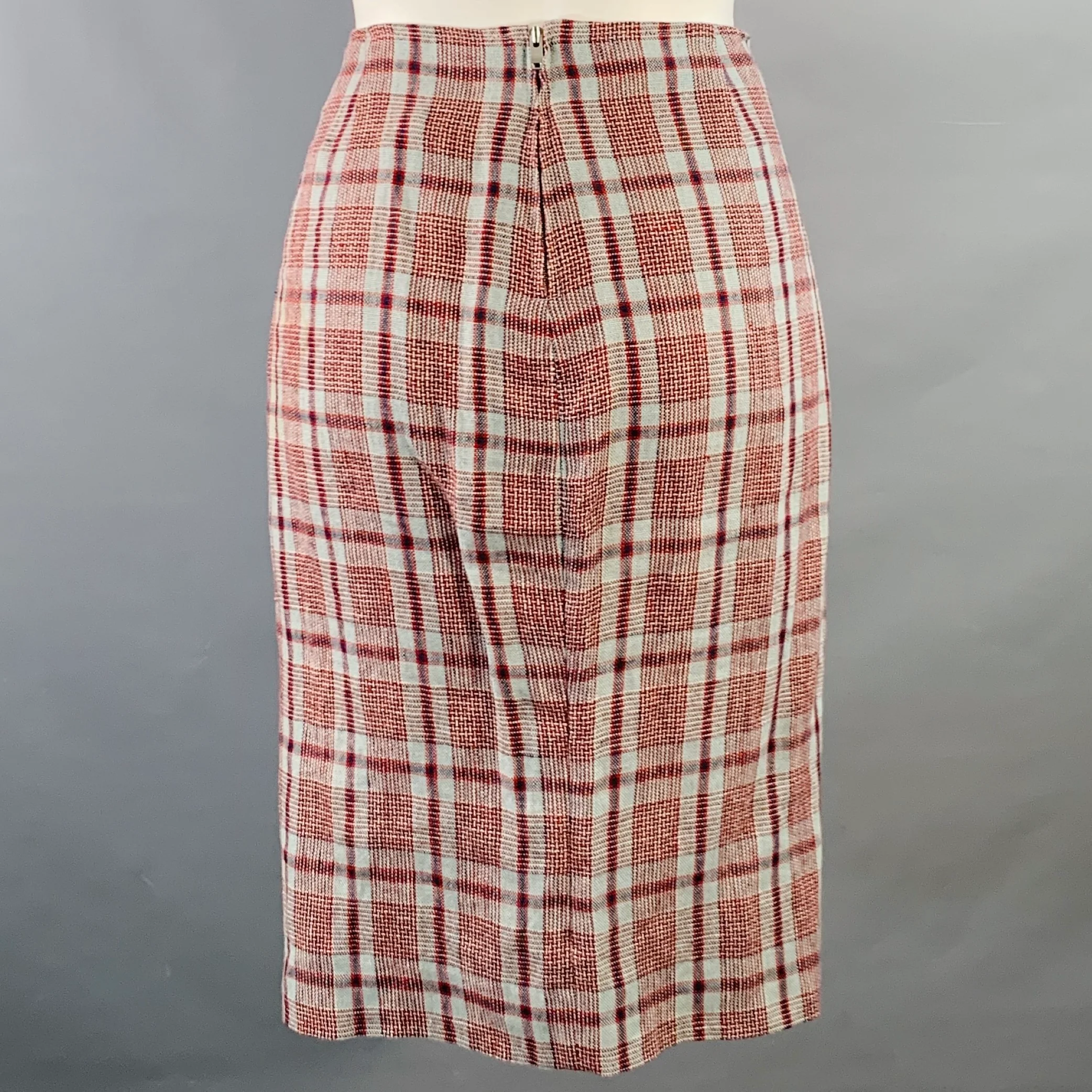 ISABEL MARANT ETOILE Size S Grey Navy Red Linen Plaid Ruched Knee Length Skirt - Image 4
