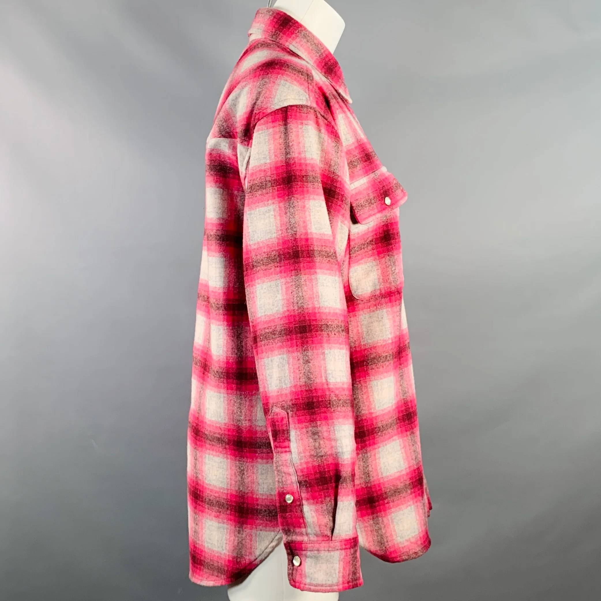 ISABEL MARANT ETOILE Size S Marcelia Grey Fuchsia Wool Blend Plaid Snaps Shirt - Image 3