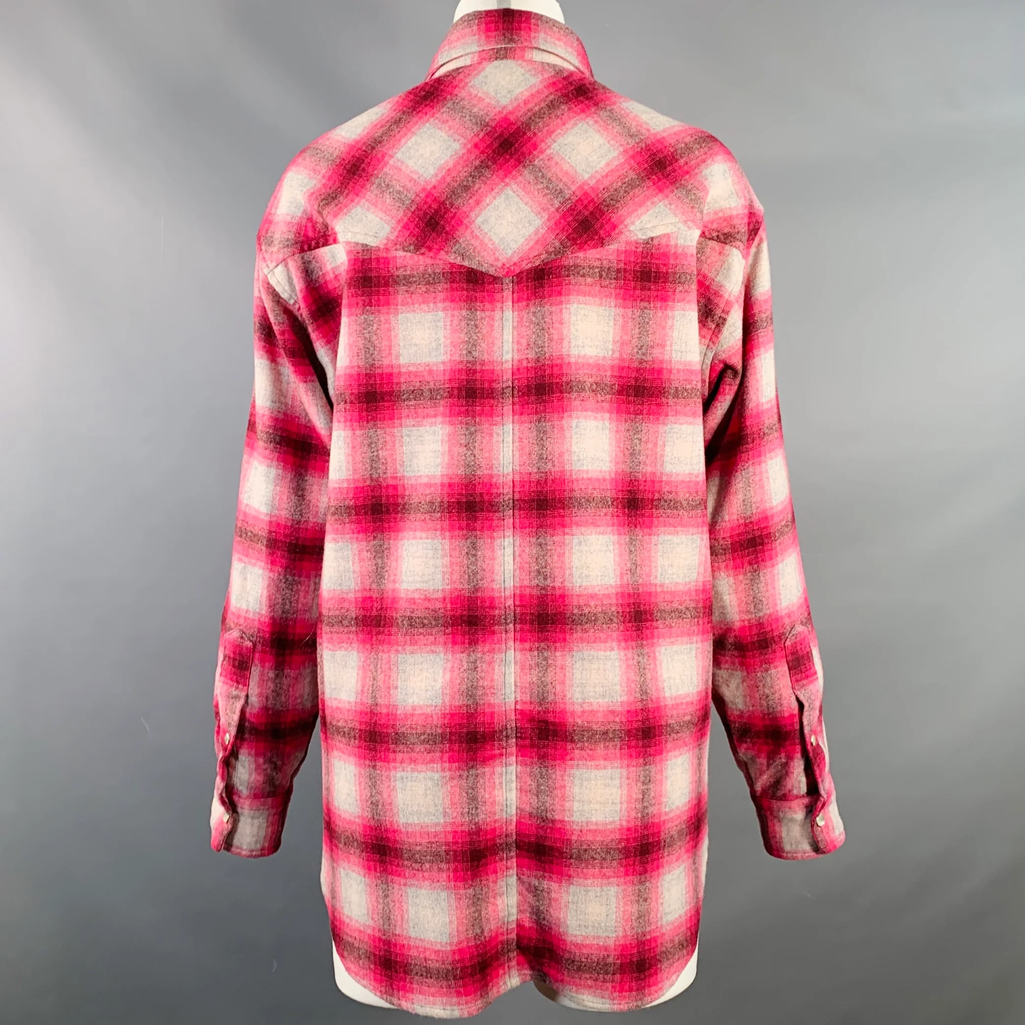 ISABEL MARANT ETOILE Size S Marcelia Grey Fuchsia Wool Blend Plaid Snaps Shirt - Image 4