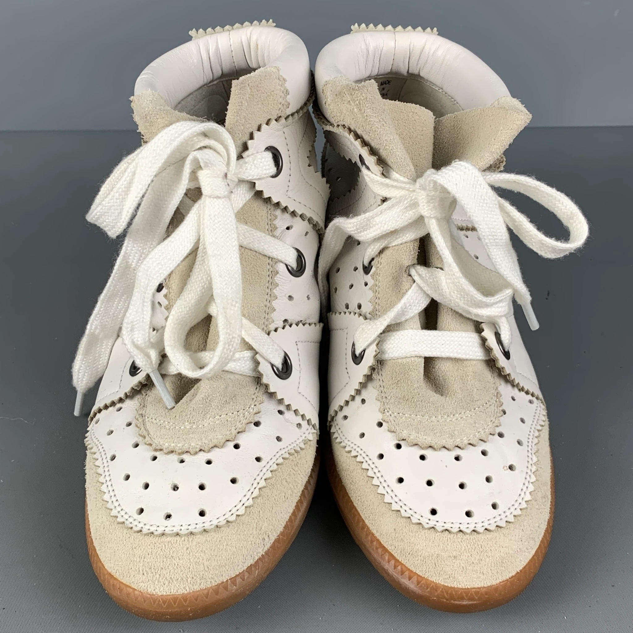 ISABEL MARANT Size 7 White Leather Perforated Wedge Sneakers - Image 4