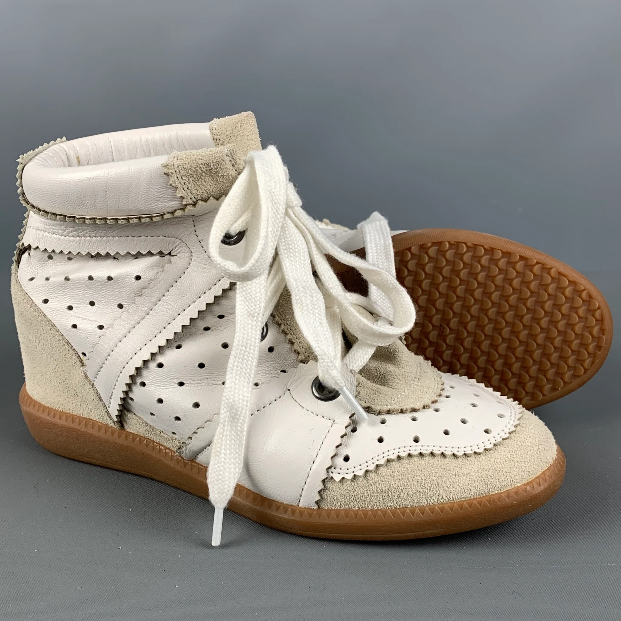 ISABEL MARANT Size 7 White Leather Perforated Wedge Sneakers - Image 5