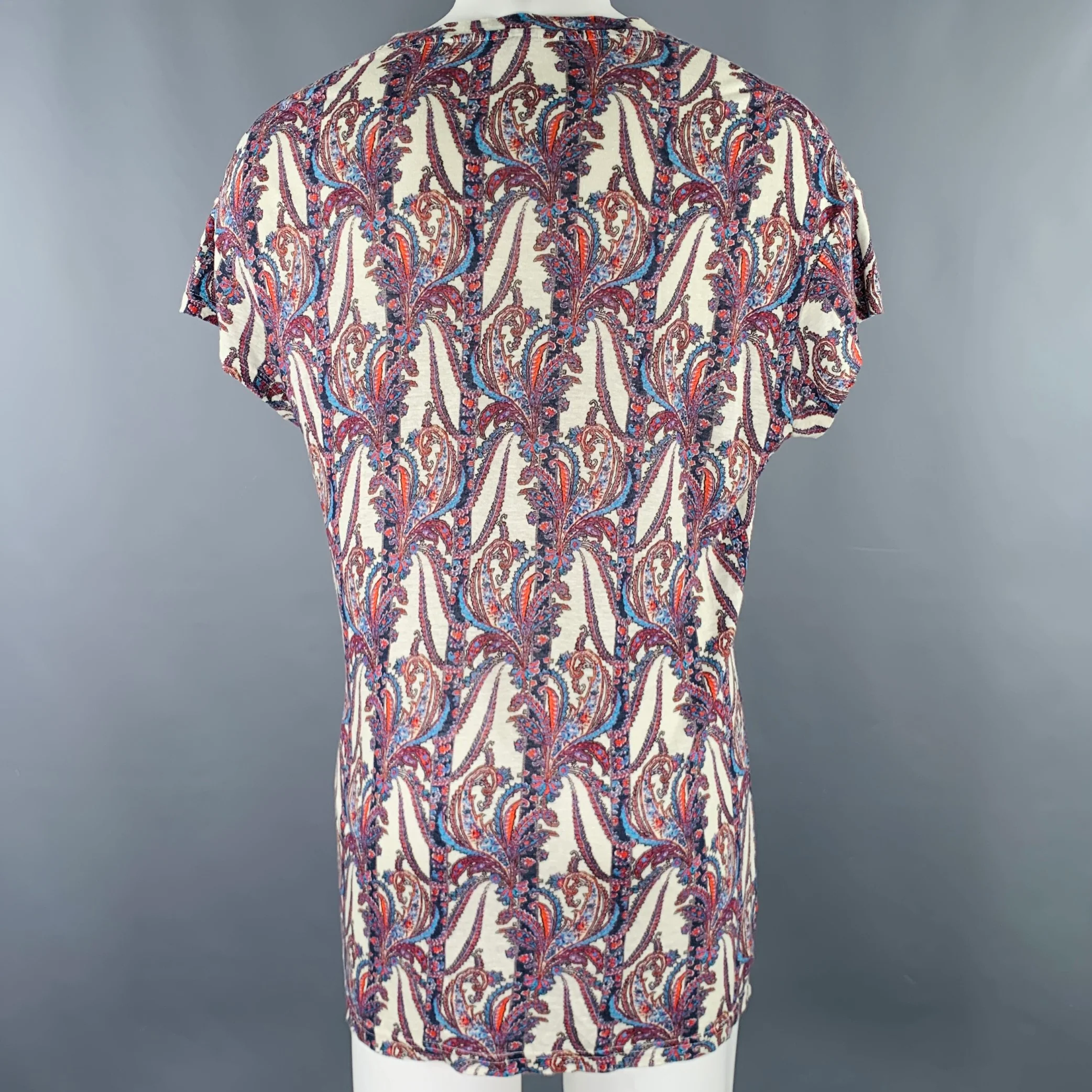 ISABEL MARANT Size XS White Blue Red Paisley Linen Scoop Neck T-shirt - Image 4