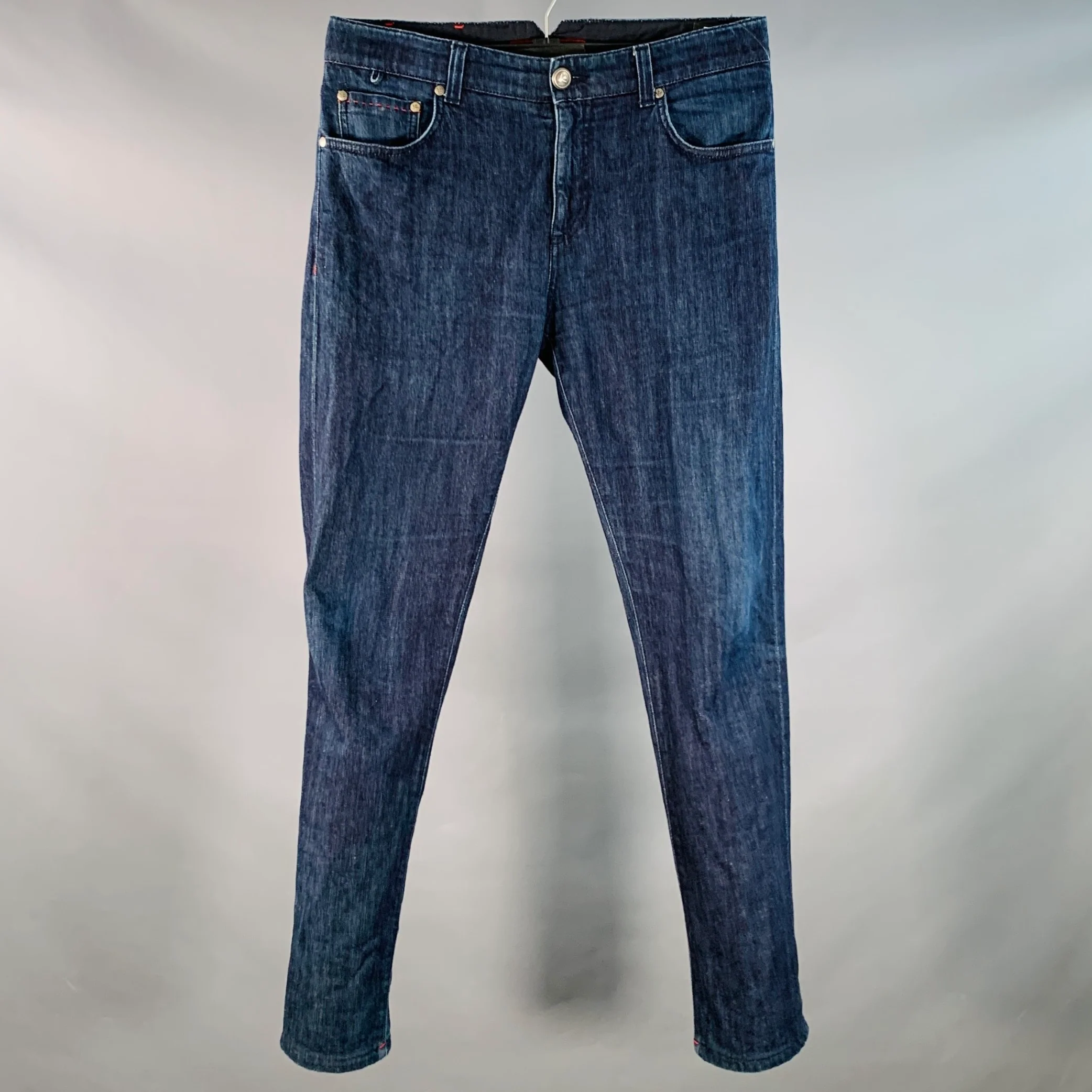 ISAIA Size 32 Blue Cotton Selvedge Twill Skinny Jeans