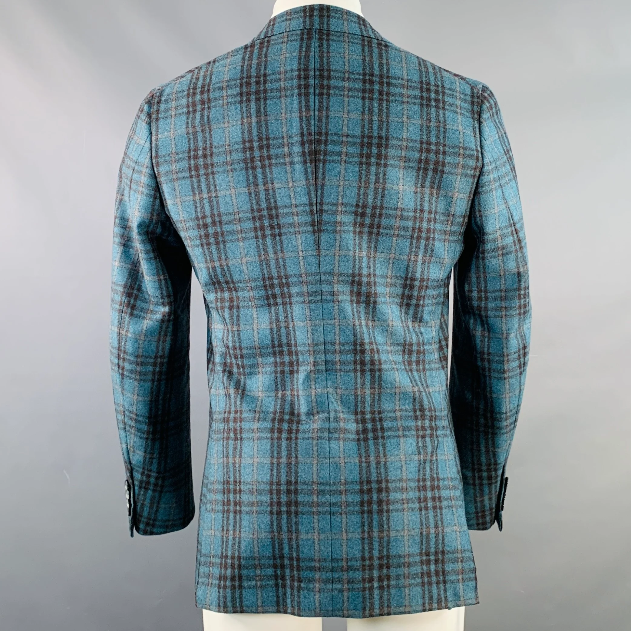 ISAIA Size 38 Regular Blue Brown Plaid Wool Notch Lapel Sport Coat - Image 4