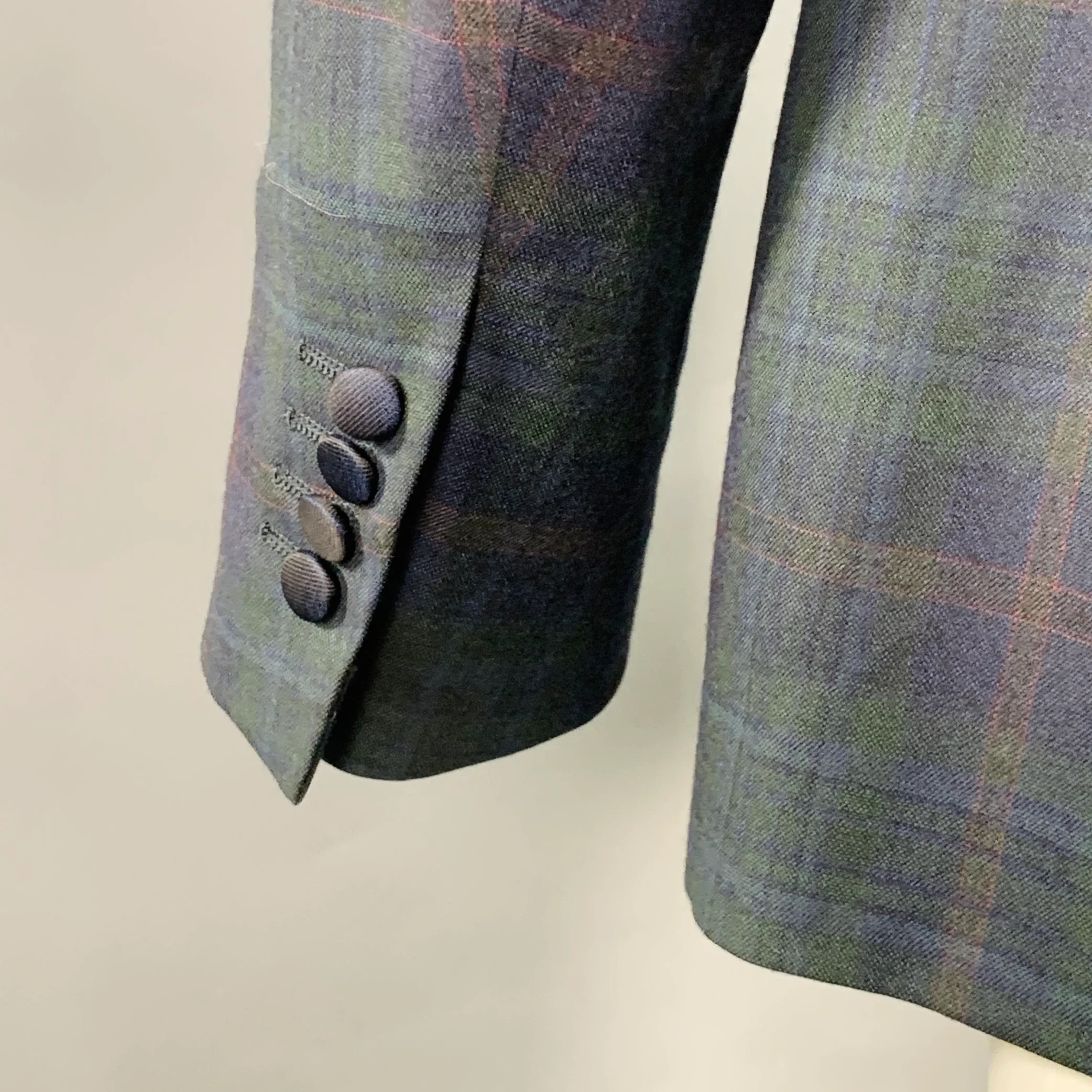 ISAIA Size 40 Green Navy Plaid Wool Peak Lapel Sport Coat - Image 5