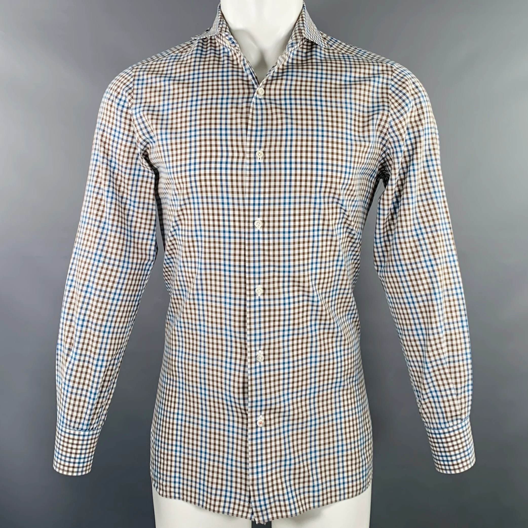ISAIA Size M Brown White Blue Checkered Cotton Spread Collar Long Sleeve Shirt