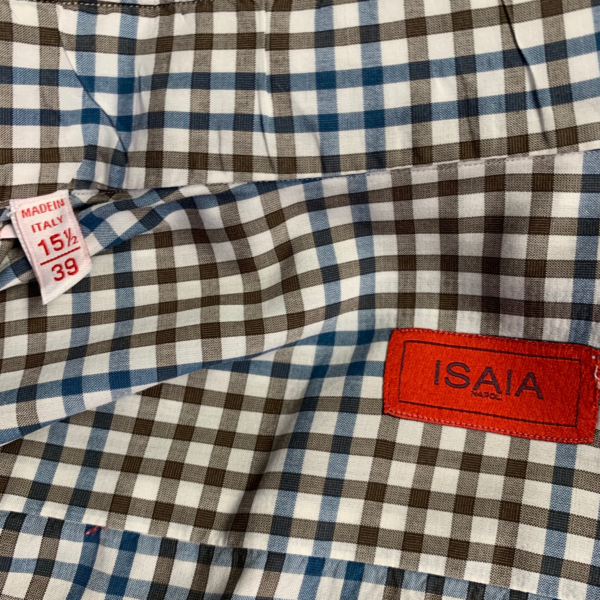 ISAIA Size M Brown White Blue Checkered Cotton Spread Collar Long Sleeve Shirt - Image 5