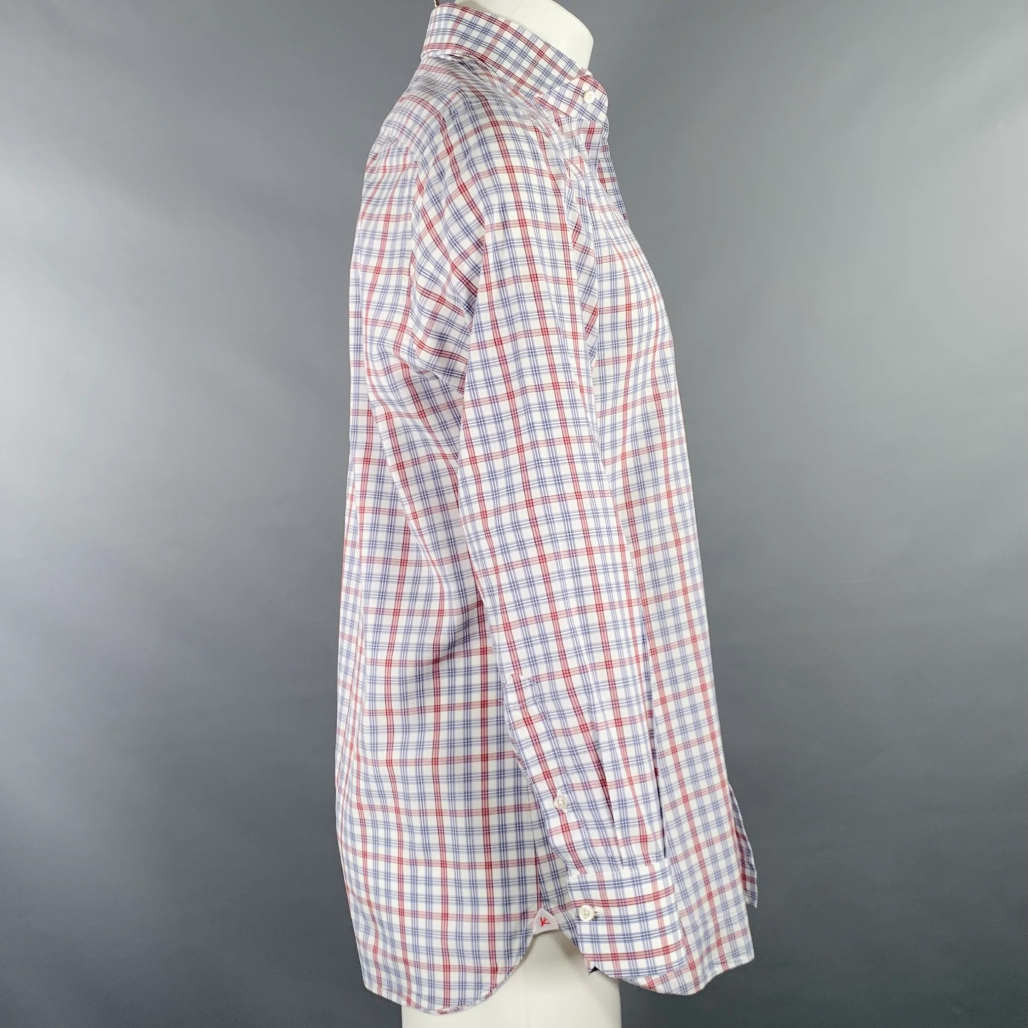 ISAIA Size M Burgundy White Blue Plaid Cotton Spread Collar Long Sleeve Shirt - Image 3
