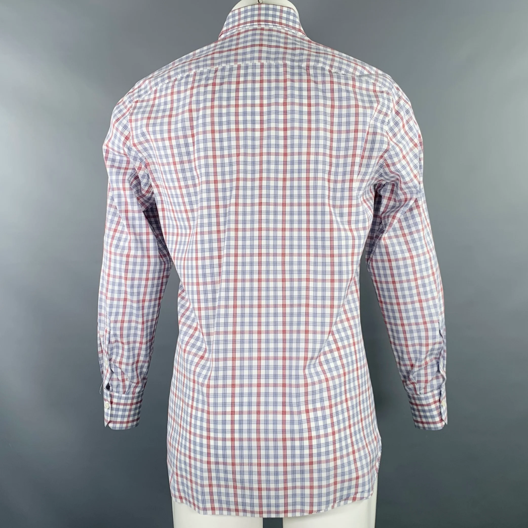 ISAIA Size M Burgundy White Blue Plaid Cotton Spread Collar Long Sleeve Shirt - Image 4