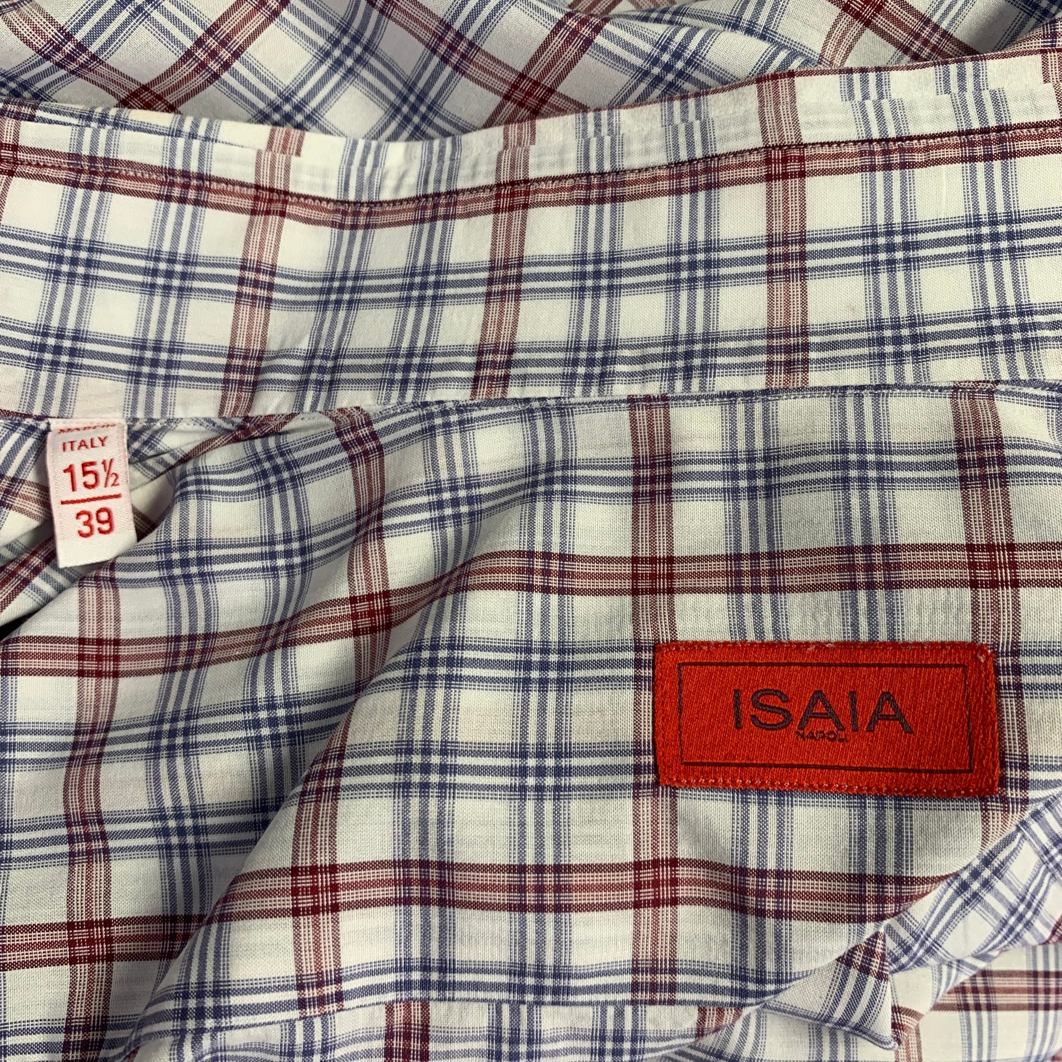 ISAIA Size M Burgundy White Blue Plaid Cotton Spread Collar Long Sleeve Shirt - Image 5