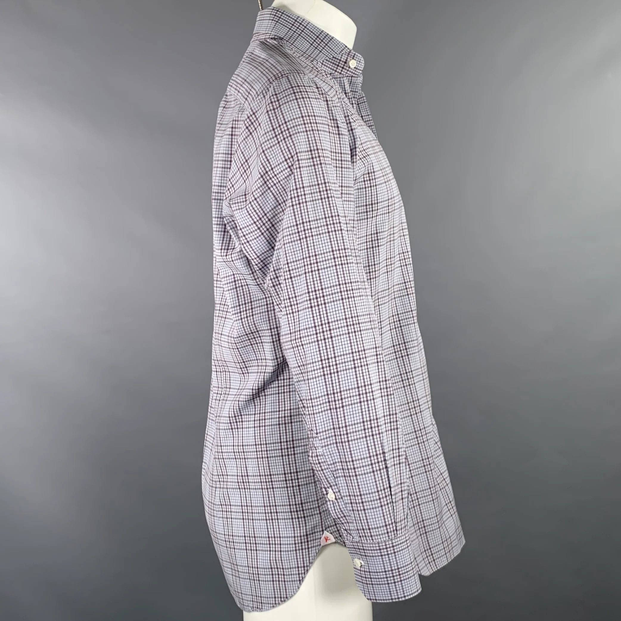 ISAIA Size M Grey White Purple Plaid Cotton Spread Collar Long Sleeve Shirt - Image 3