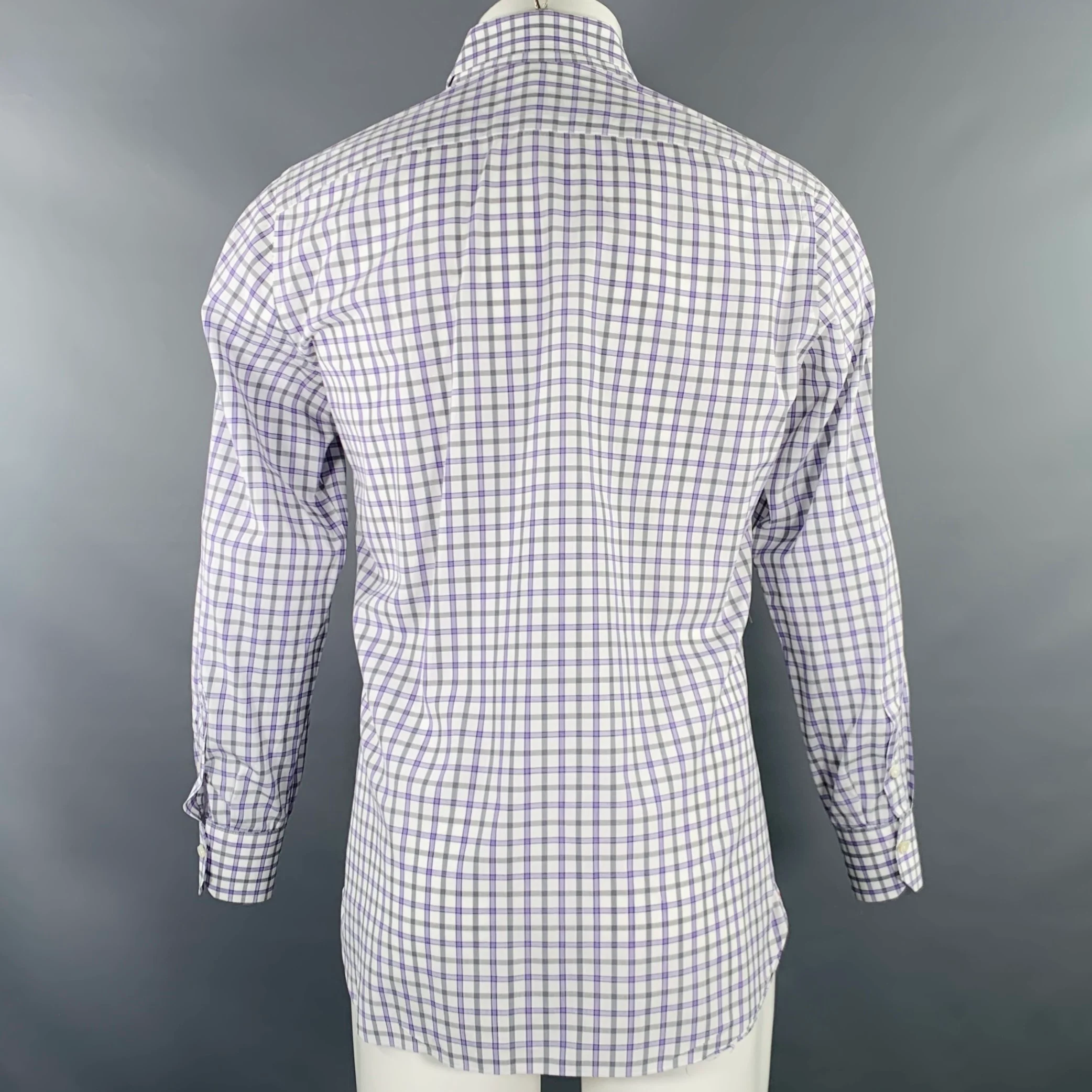 ISAIA Size M Purple White Grey Plaid Cotton Spread Collar Long Sleeve Shirt - Image 4