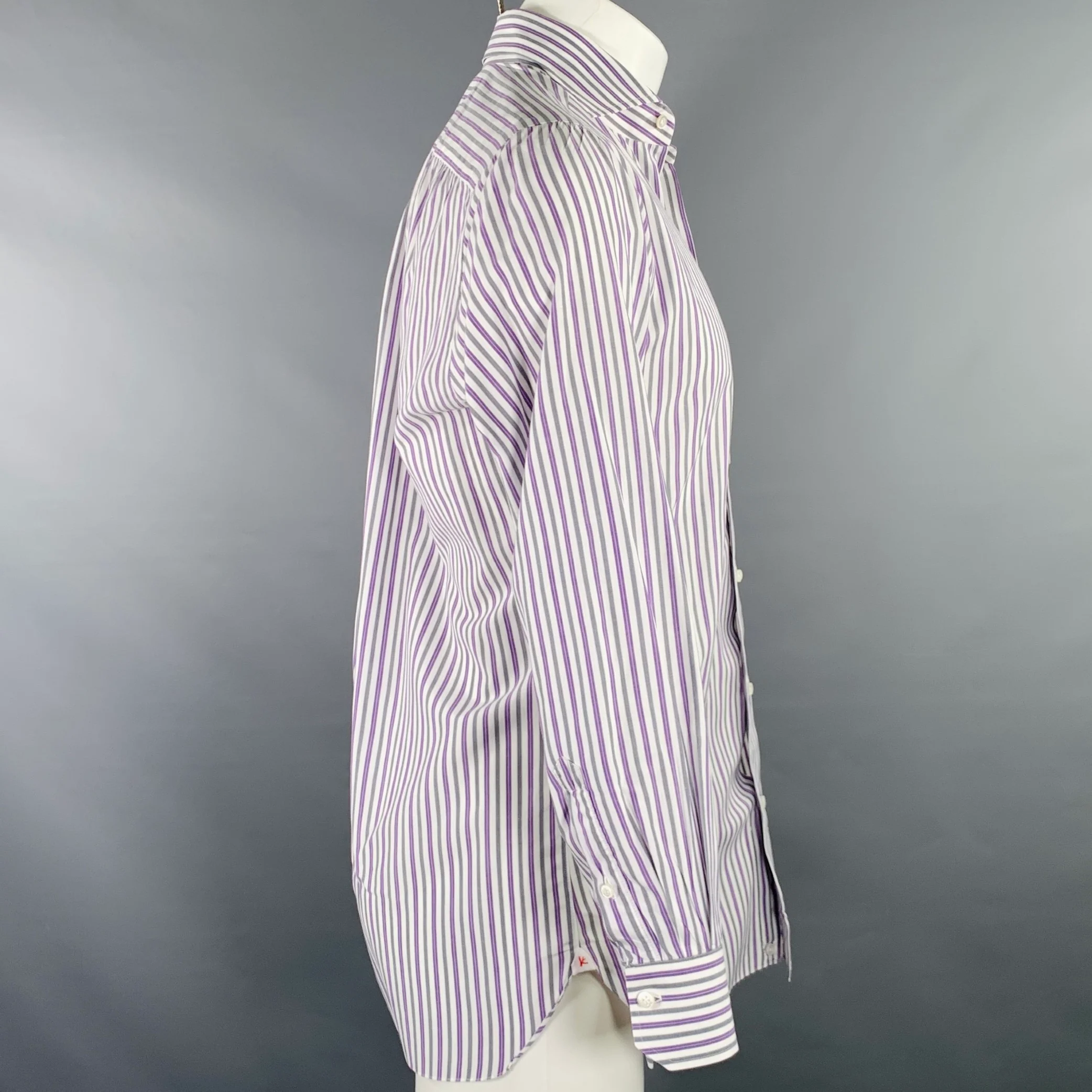ISAIA Size M Purple White Grey Stripe Cotton Spread Collar Long Sleeve Shirt - Image 3