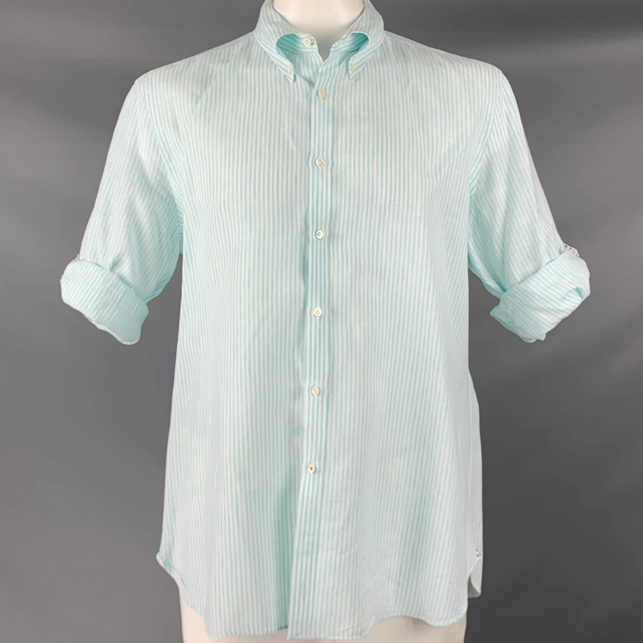 ISAIA Size XL Blue White Stripe Linen Cotton Roll Tab Long Sleeve Shirt - Image 2