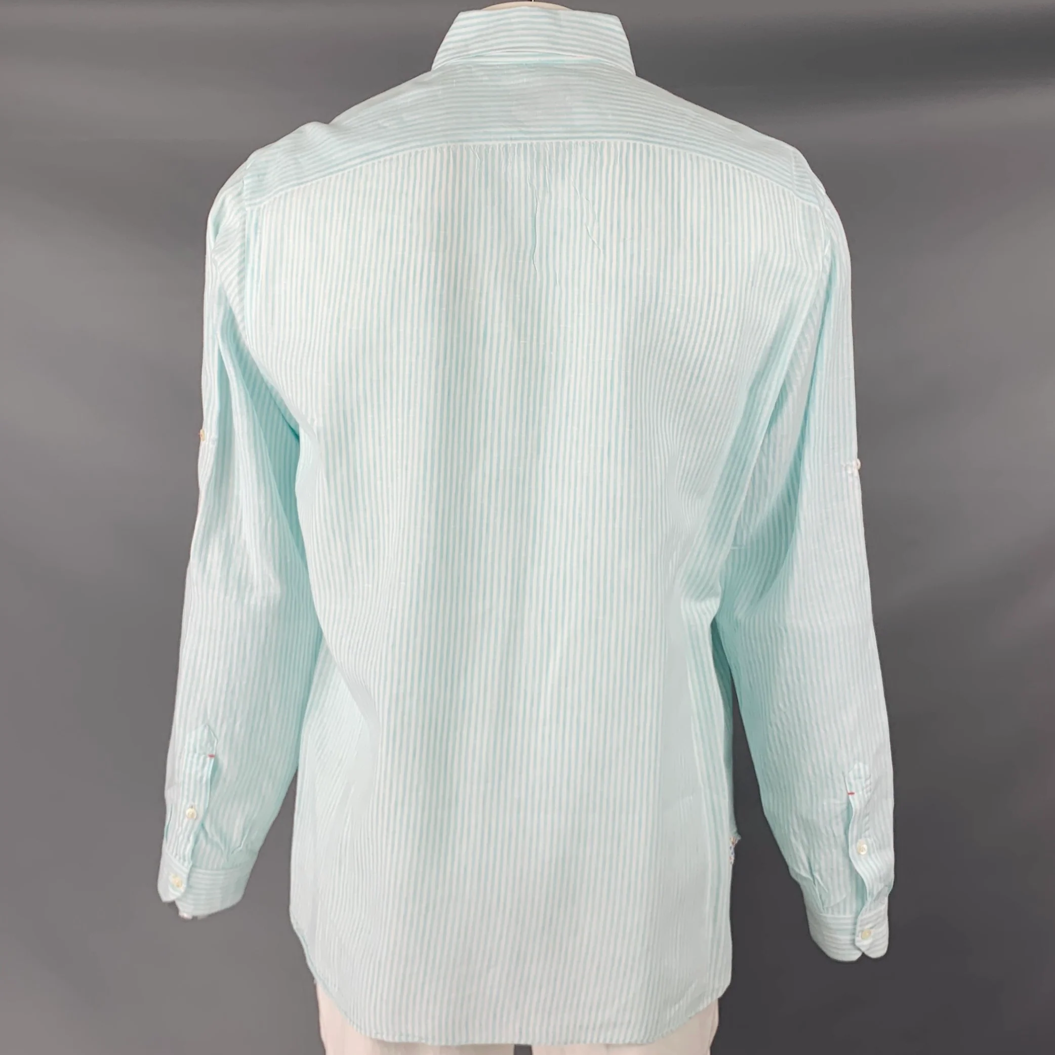 ISAIA Size XL Blue White Stripe Linen Cotton Roll Tab Long Sleeve Shirt - Image 4