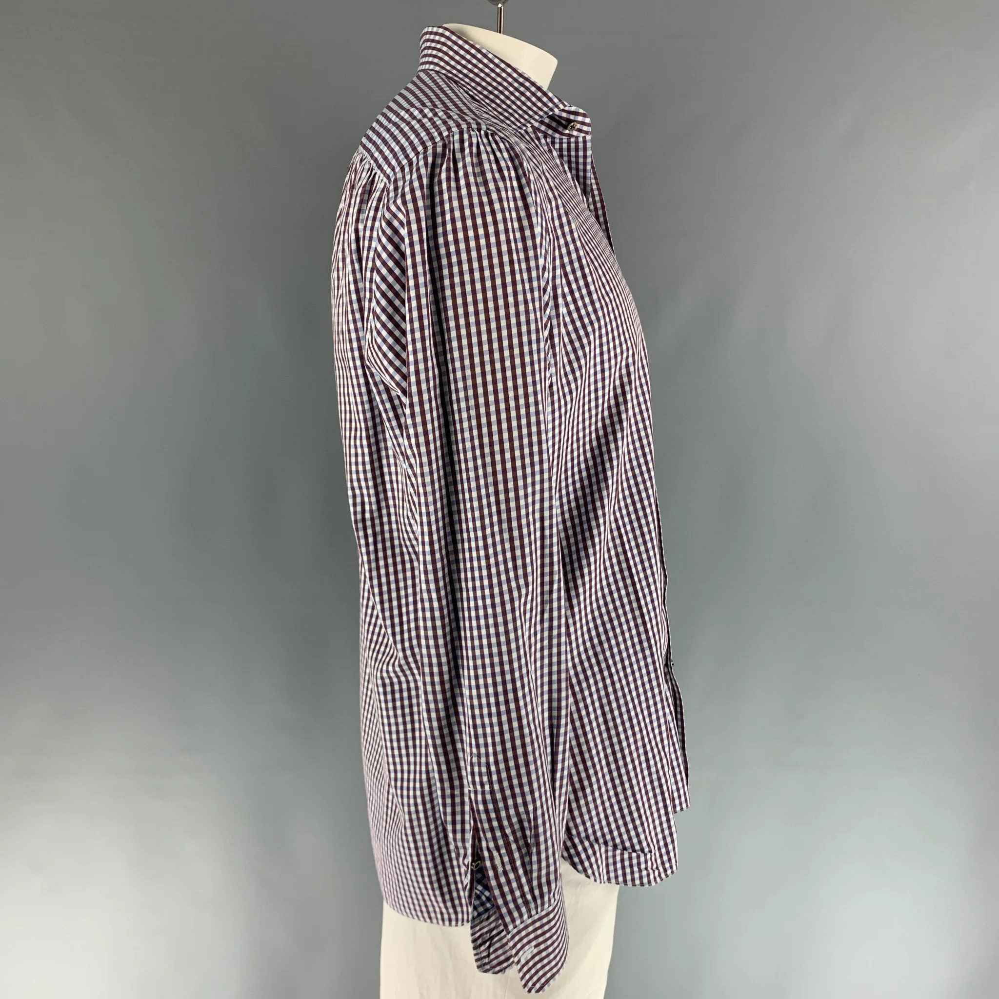 ISAIA Size XL Brown Blue Checkered Cotton Long Sleeve Shirt - Image 2