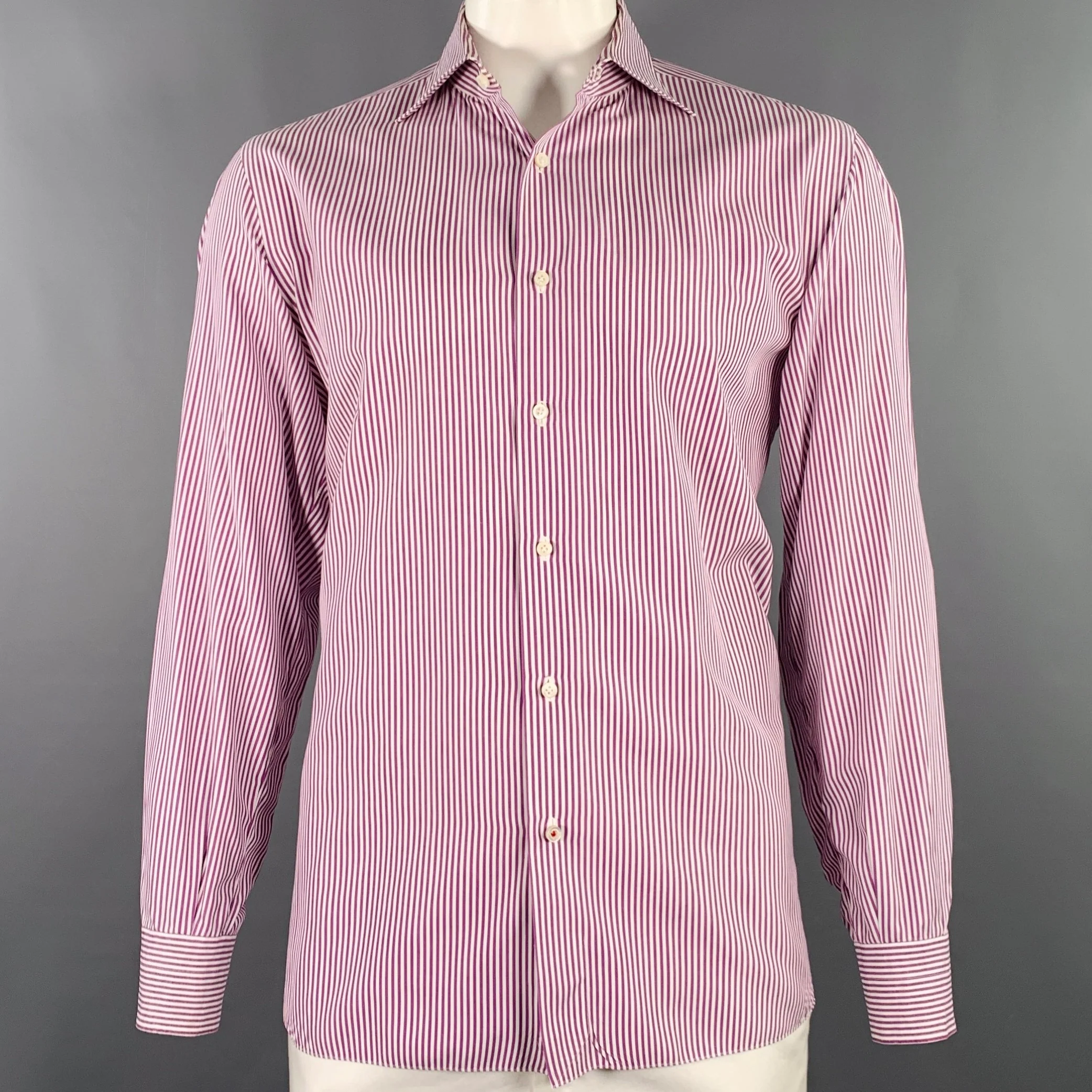 ISAIA Size XL Purple White Stripe Cotton Long Sleeve Shirt