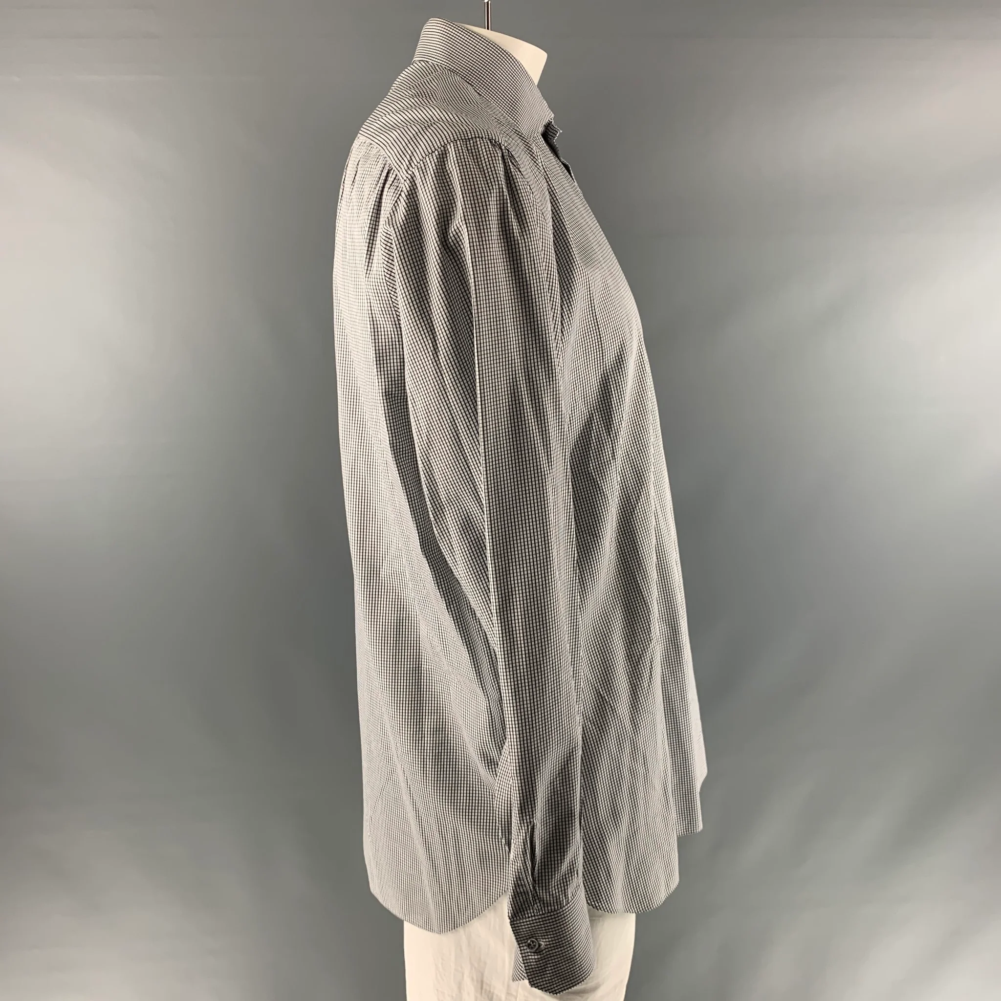 ISAIA Size XL White Black Checkered Cotton Long Sleeve Shirt - Image 2