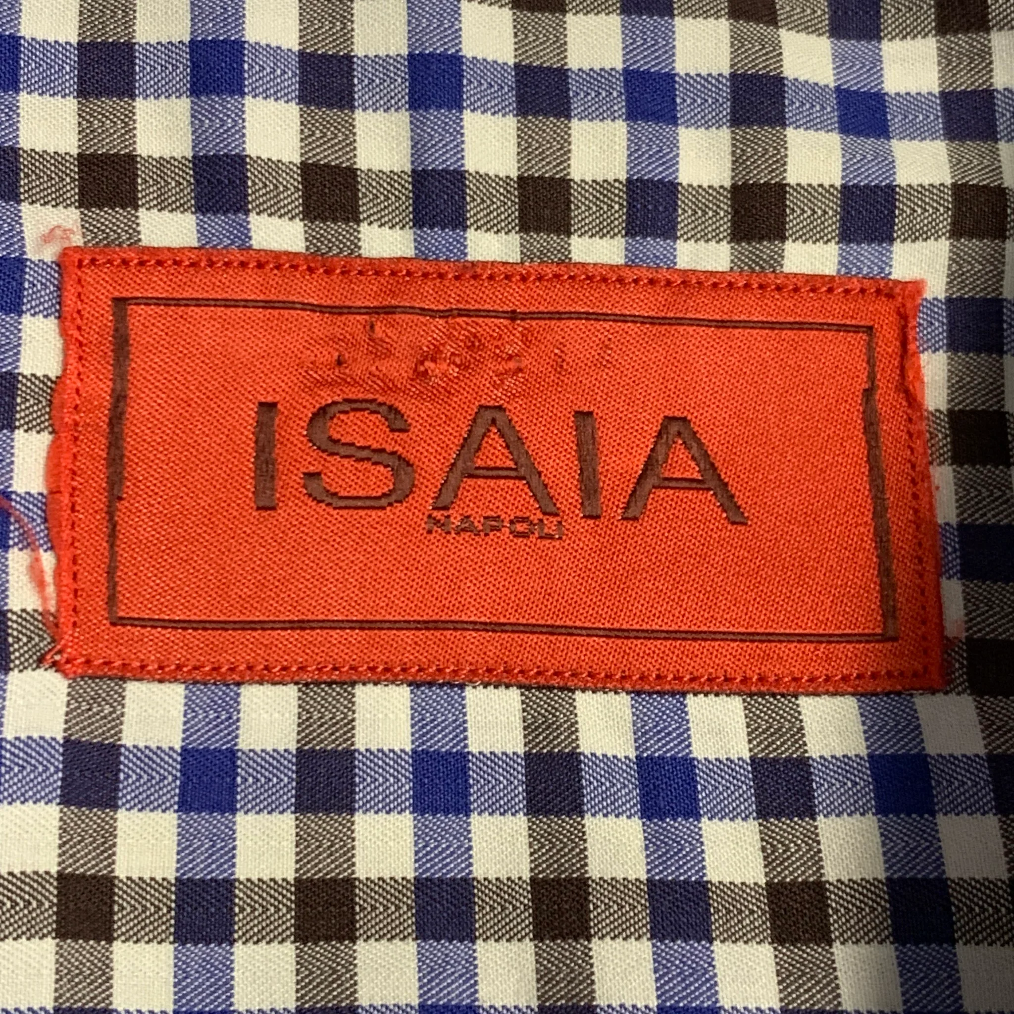 ISAIA Size XL White Blue Brown Plaid Cotton Button Up Long Sleeve Shirt - Image 5