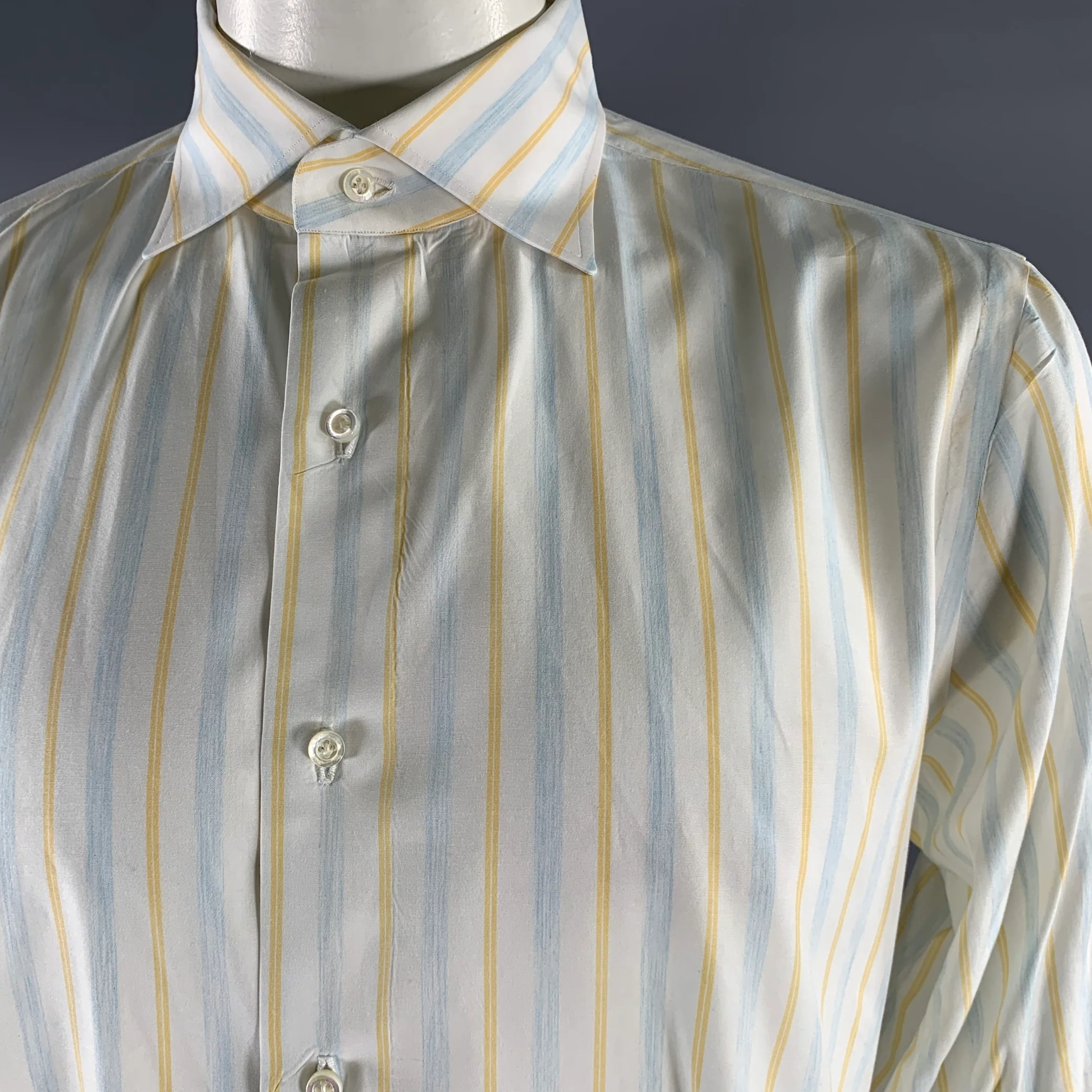 ISAIA Size XL White Blue Yellow Stripe Cotton Pointed Collar Long Sleeve Shirt - Image 2
